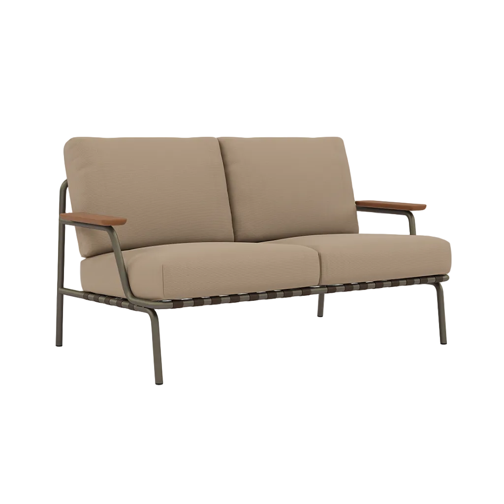 Sofa mit Armlehnen für den Außenbereich 2-sitzig SETTLE braun mit taupefarbener Basis