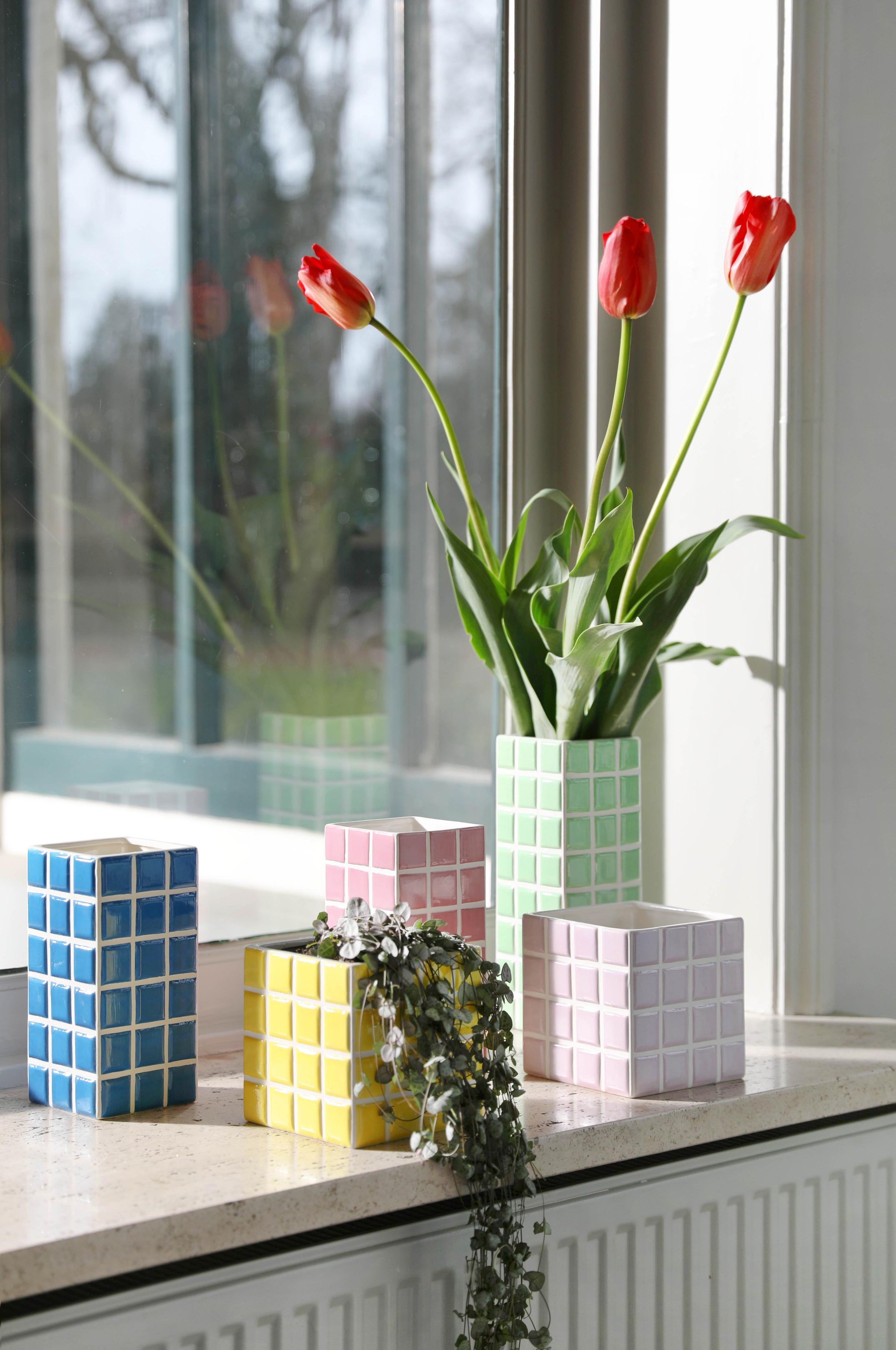 Bloempot TILE geel met wit