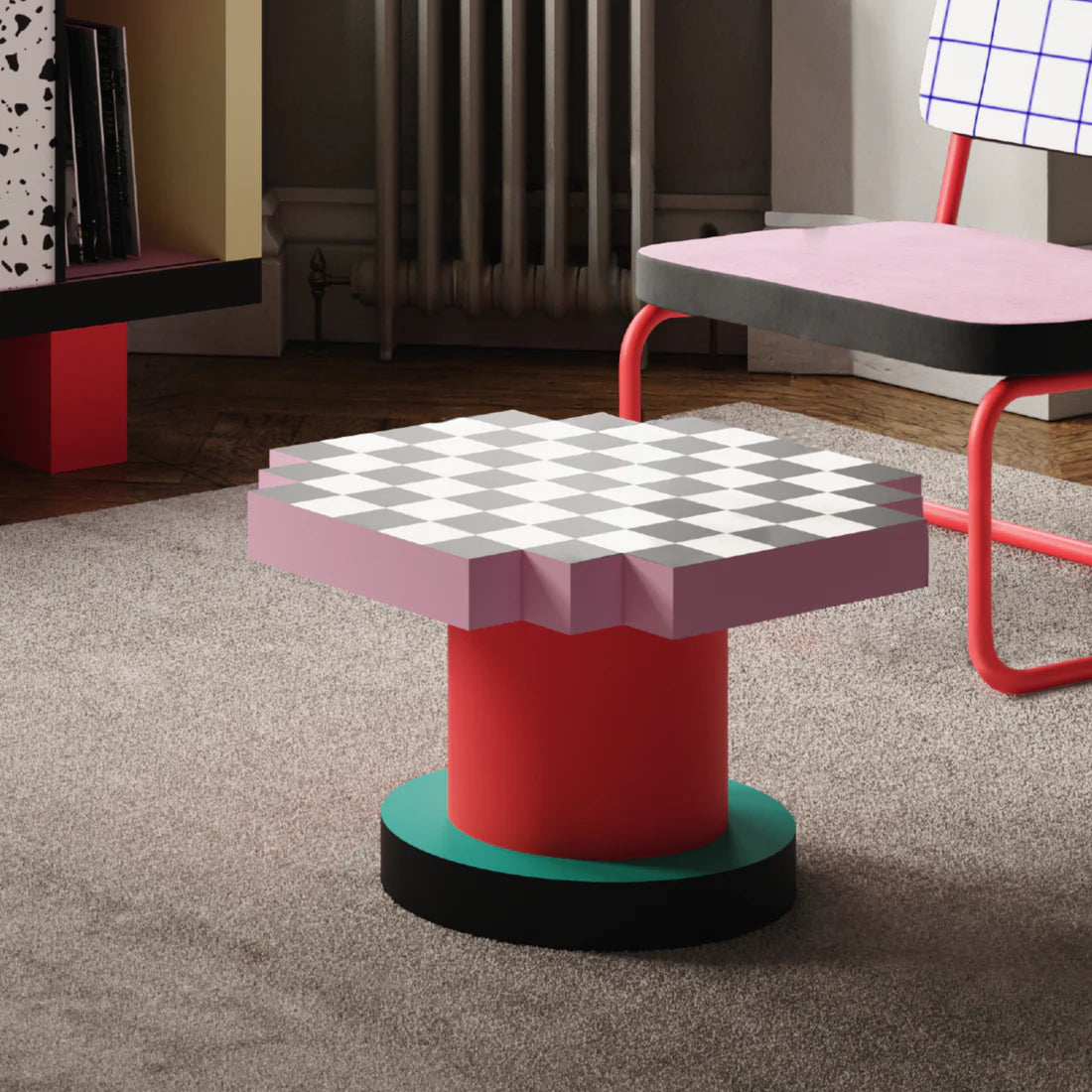 Koffietafel SUPERCOFFEE BLAUW RUIT roze met geel