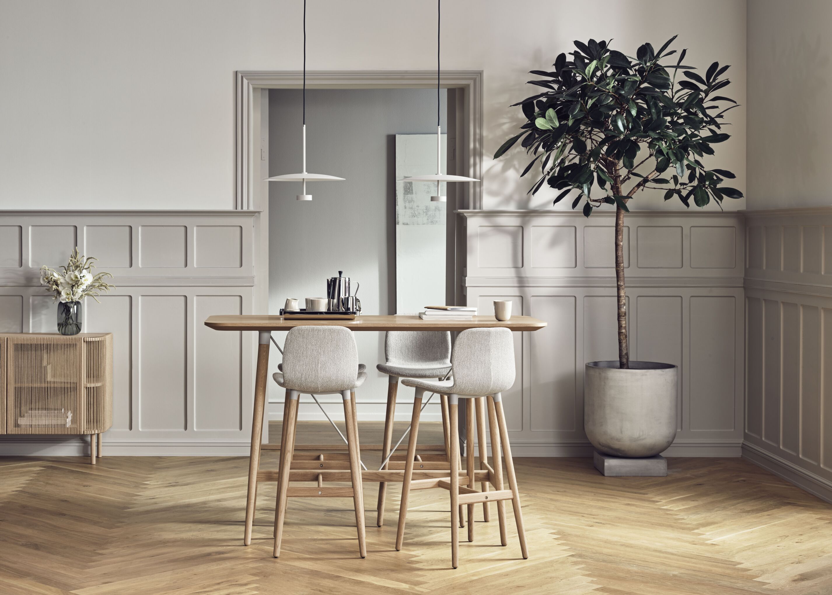 High table seed bleached oak veneer