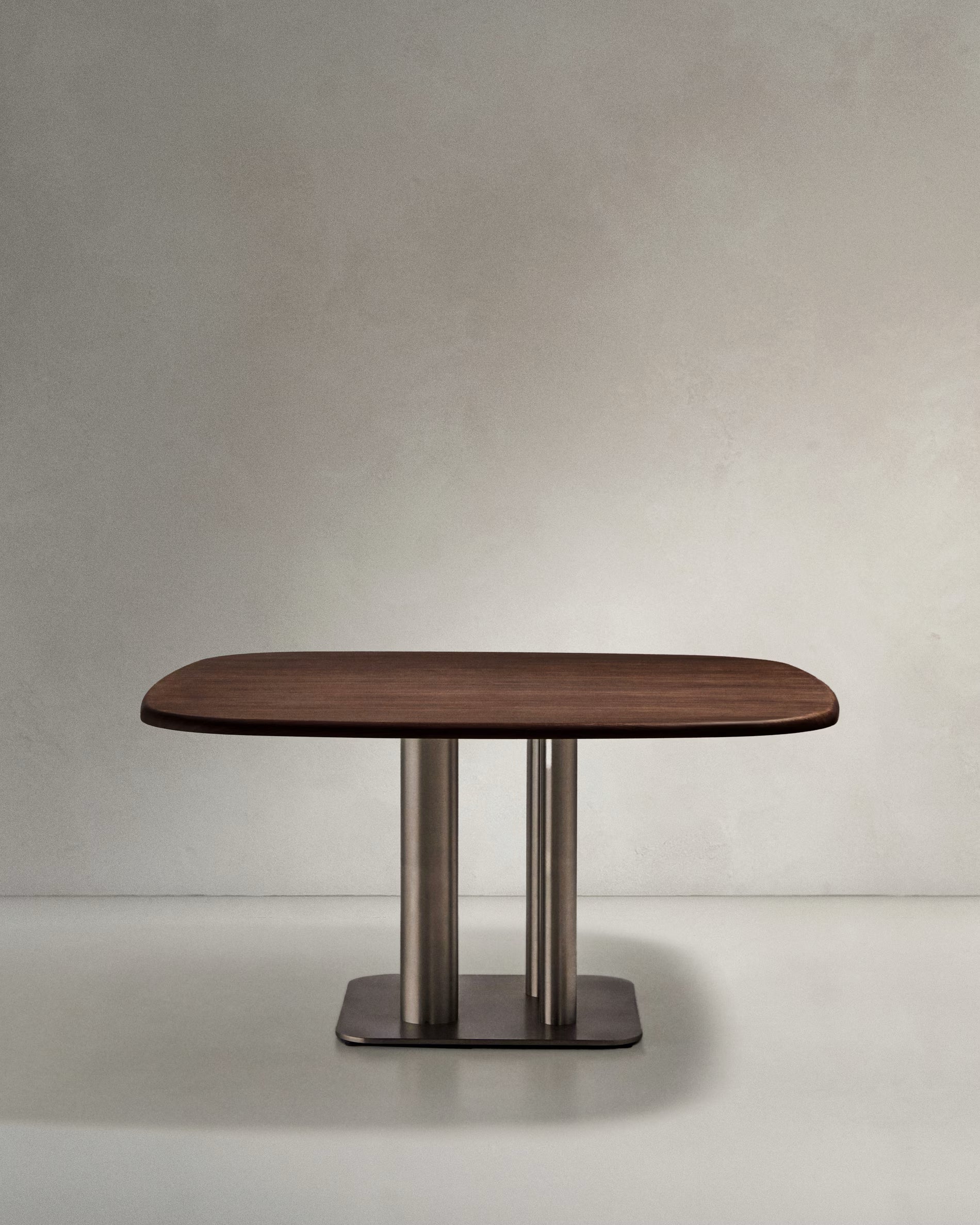 Square table MELVAR walnut veneer with a steel base