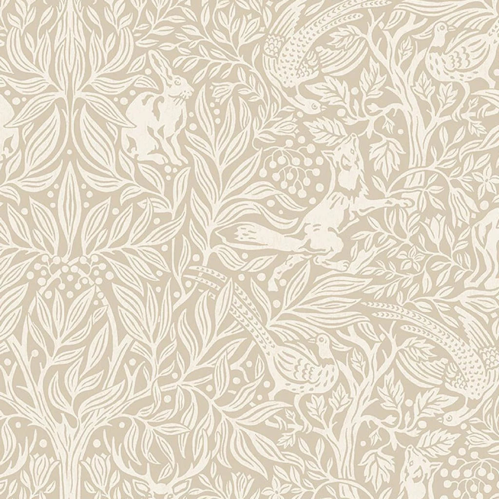 Wallpaper with a botanical pattern and forest theme UNDER THE ELDER TREE beige with white