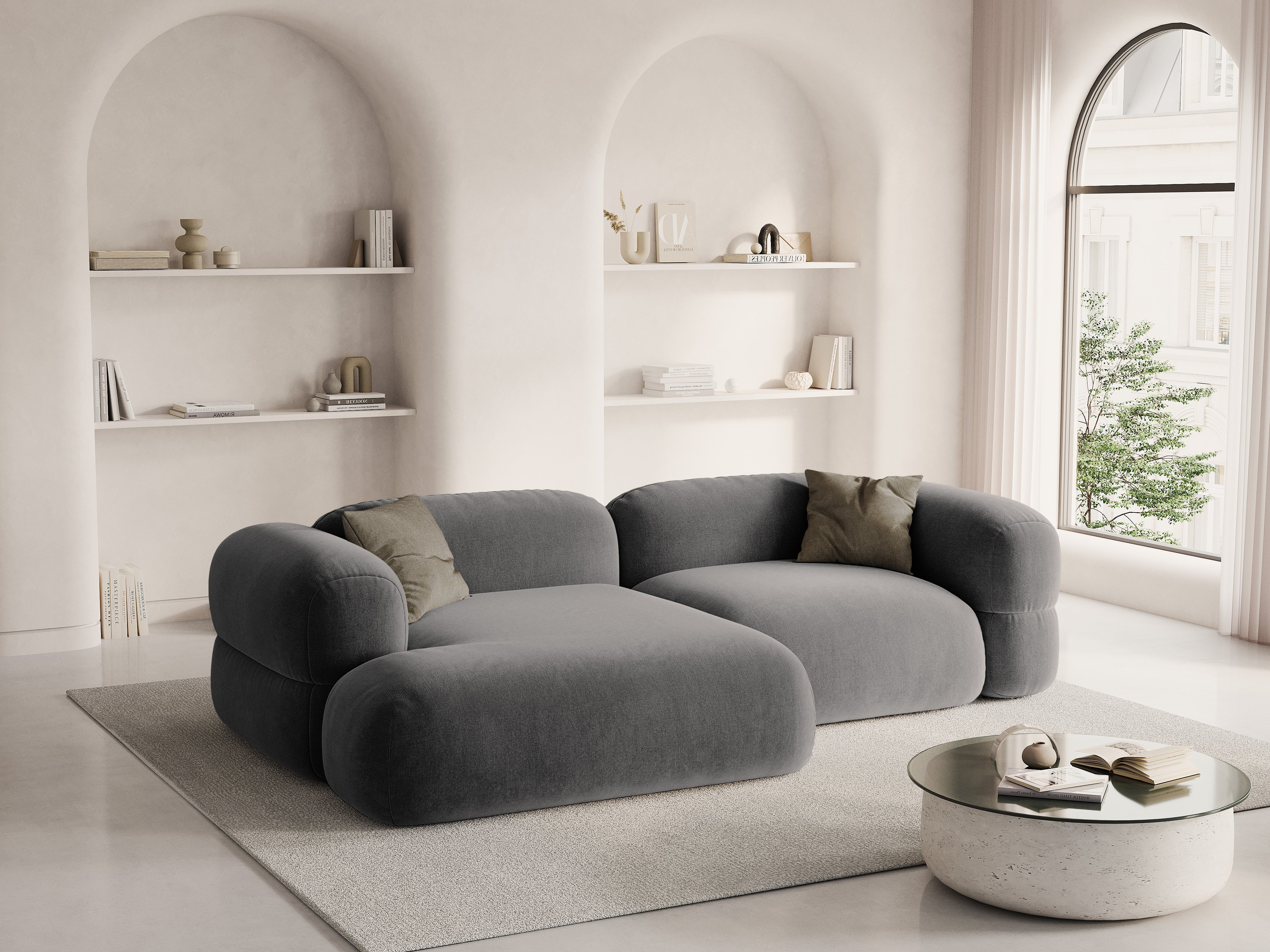 Grijze linkszijdige fluwelen hoekbank ROGER