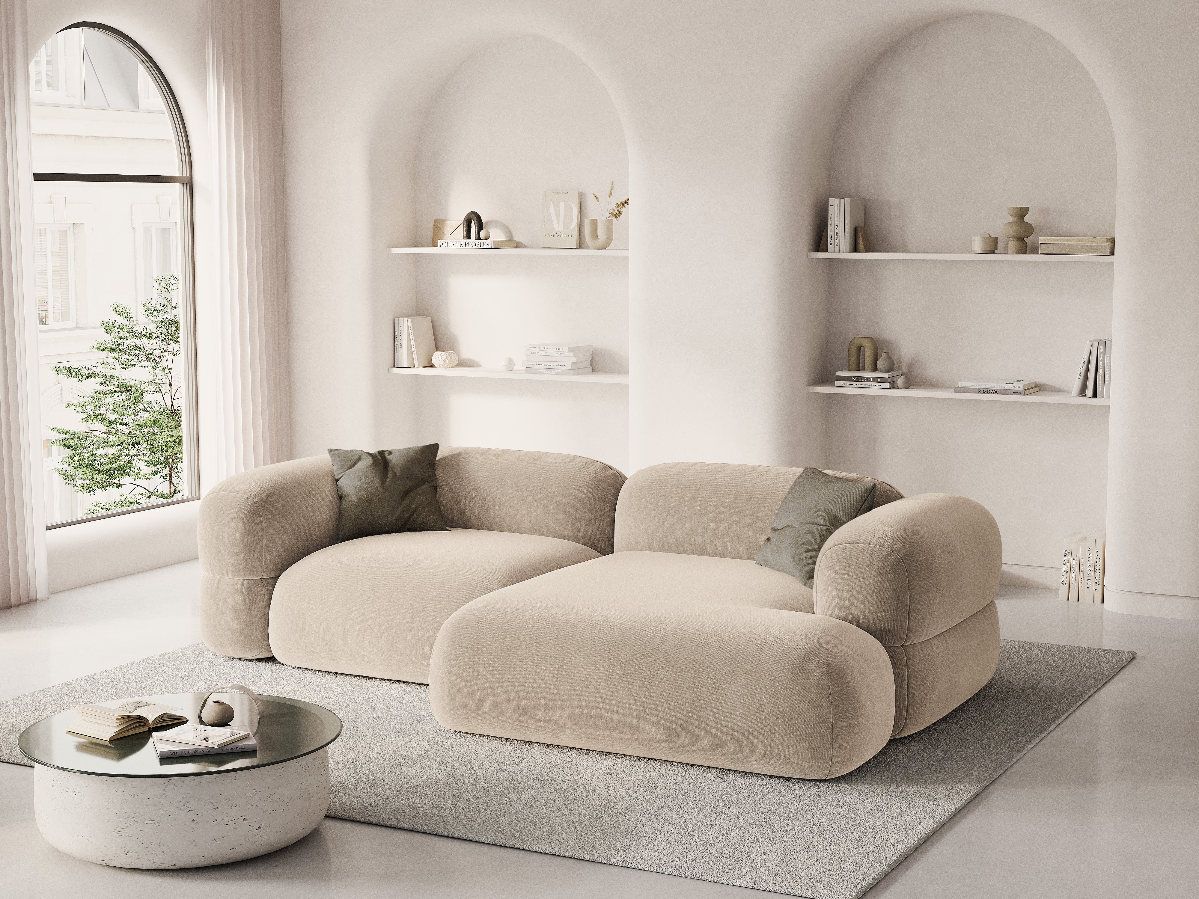Samt-Ecksofa rechts ROGER hellbeige