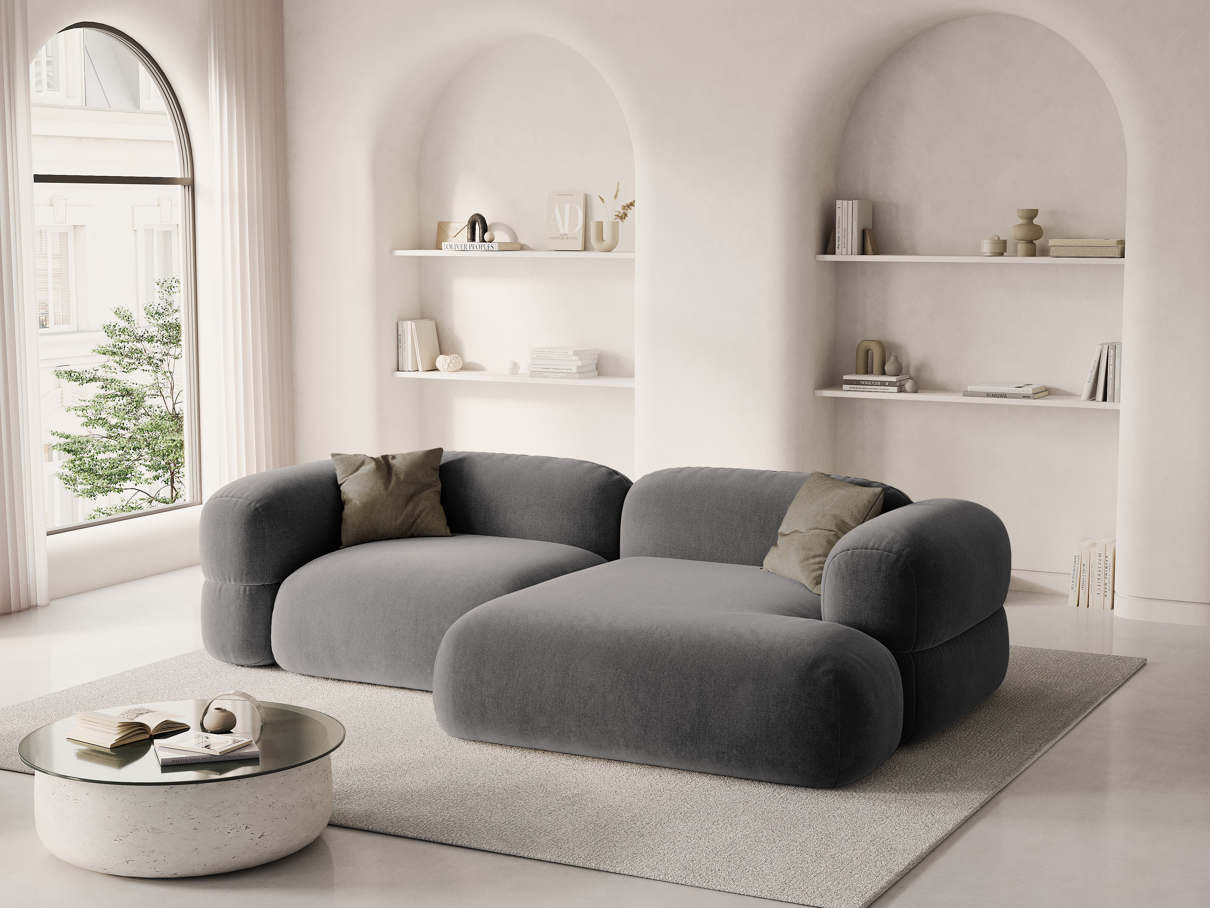 Grijze rechtszijdige fluwelen hoekbank ROGER