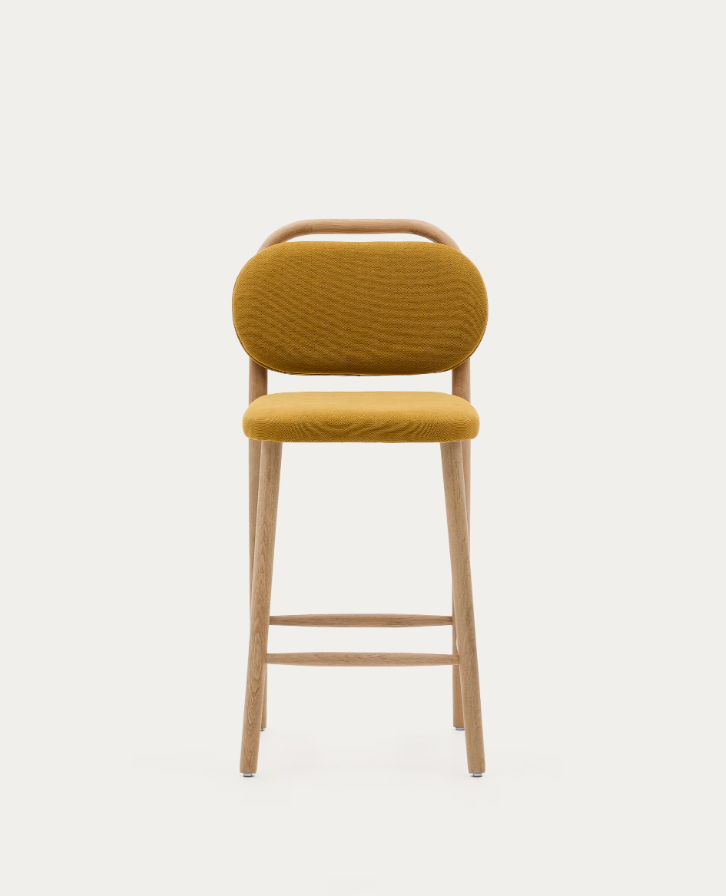Hocker HELDA mosterdkleurig chenille met eiken basis