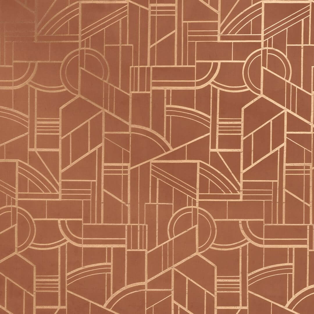 Textielbehang met geometrisch art deco motief REIMS - TERRE DE SIENNE terracotta met goud