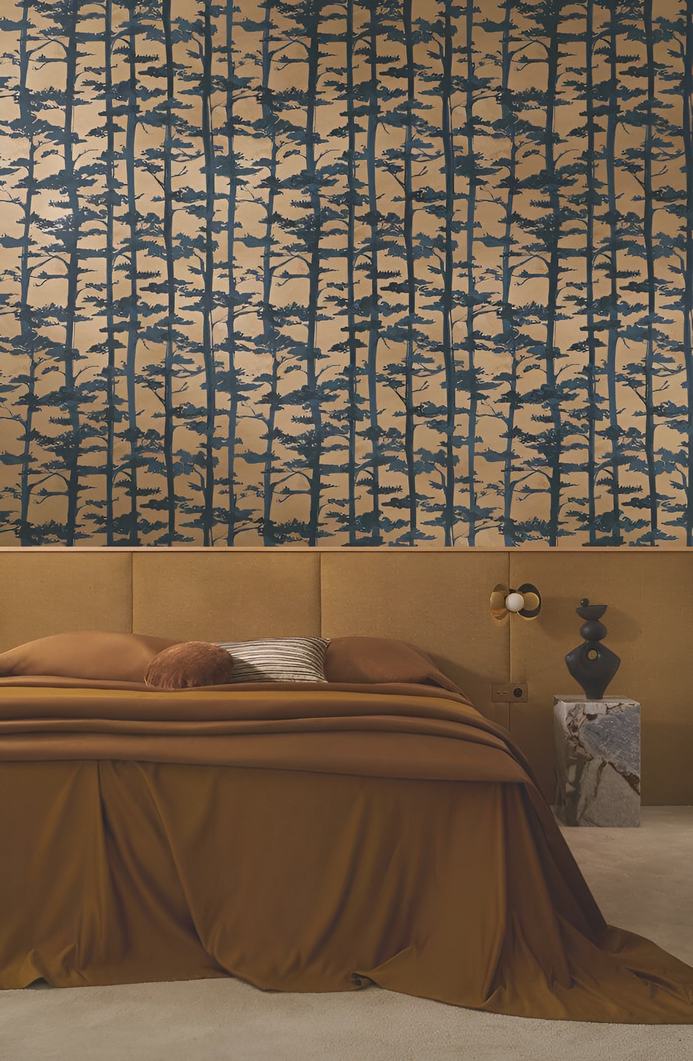 Structural wallpaper with an oriental tree plant motif AME - DORÉ/ENCRE navy blue with dark beige