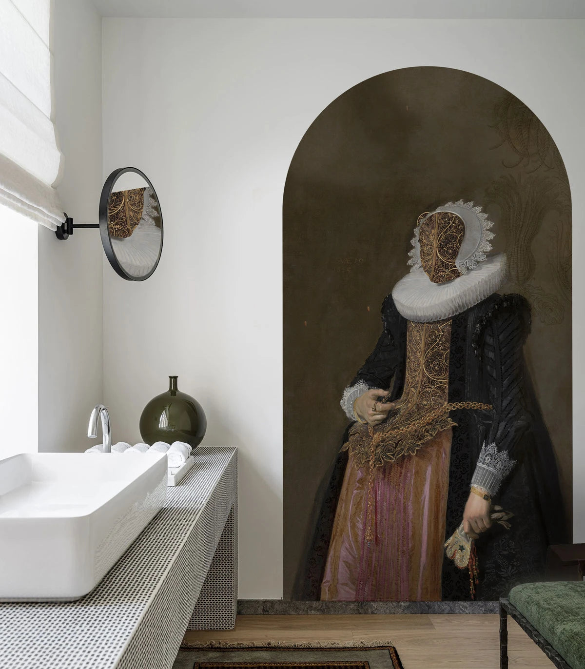 Boogvormige muurschildering met artistiek portret van BAROQUE LADY bruin