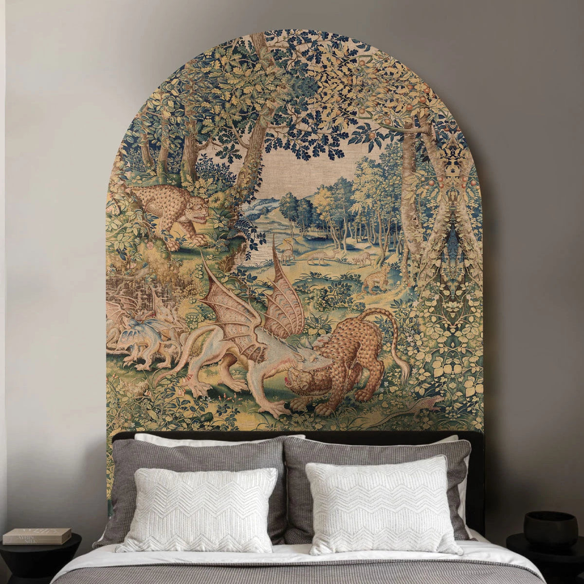 Non-woven mural in the shape of an arch DRAGON ARRAS sandy beige with green