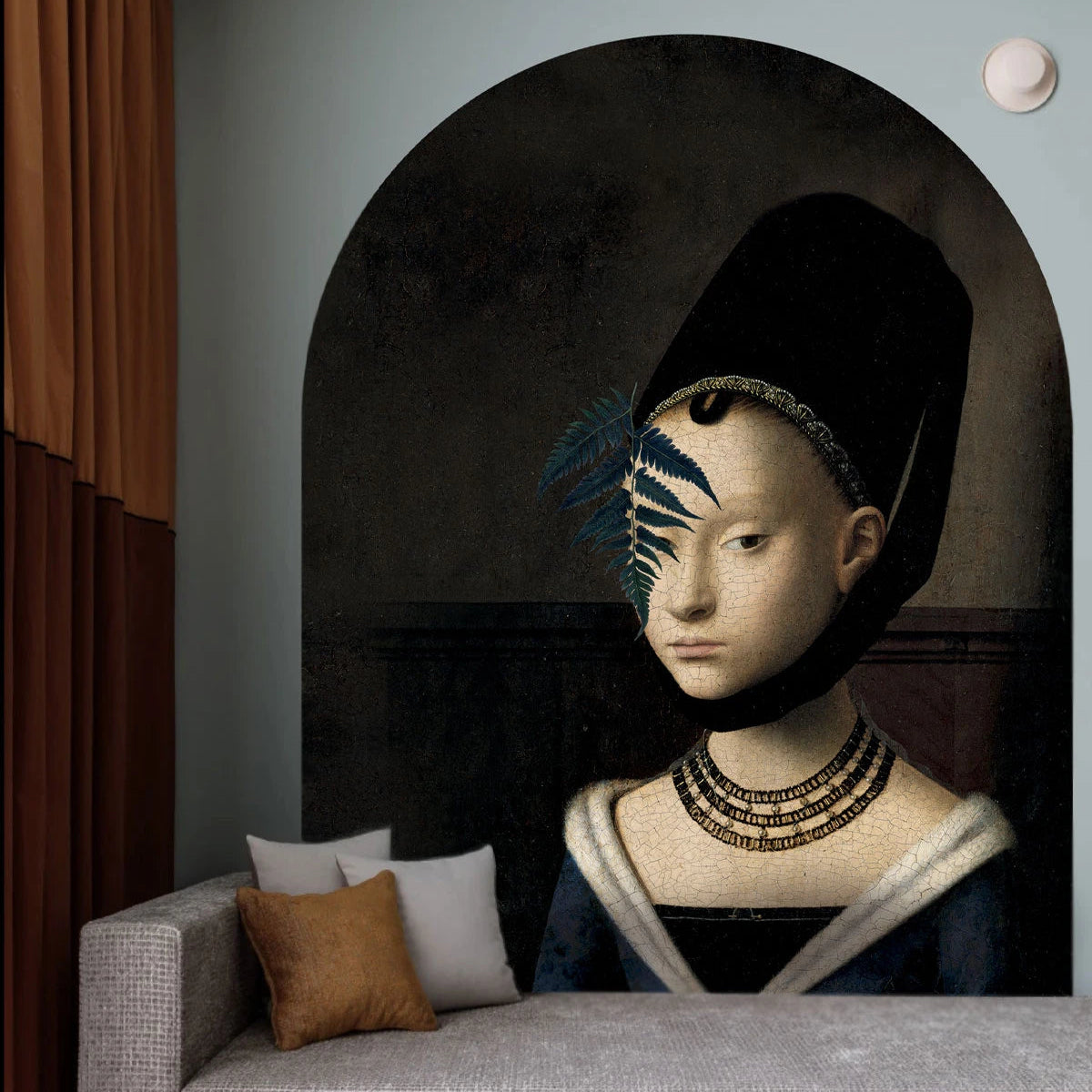 Non-woven mural in the shape of an arch LADY FERN dark brown