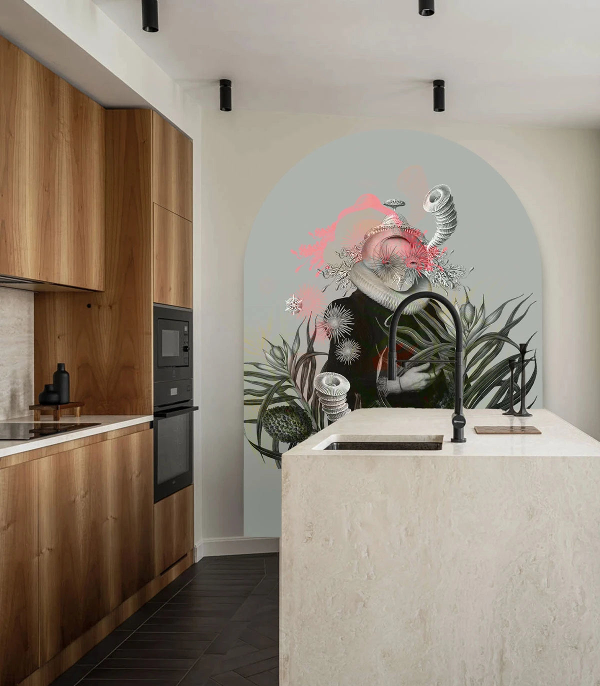 Boogvormige muurschildering met artistiek portret van LADY MEDUSA grijs