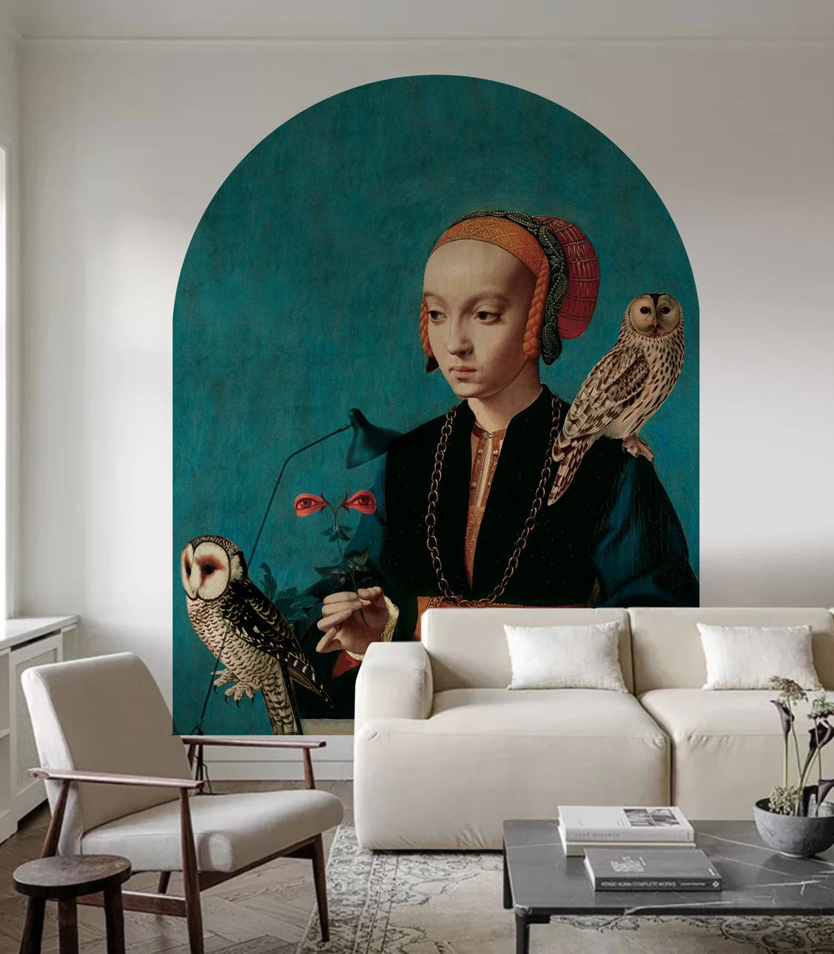 Non-woven mural in the shape of an arch OWL LADY turquoise