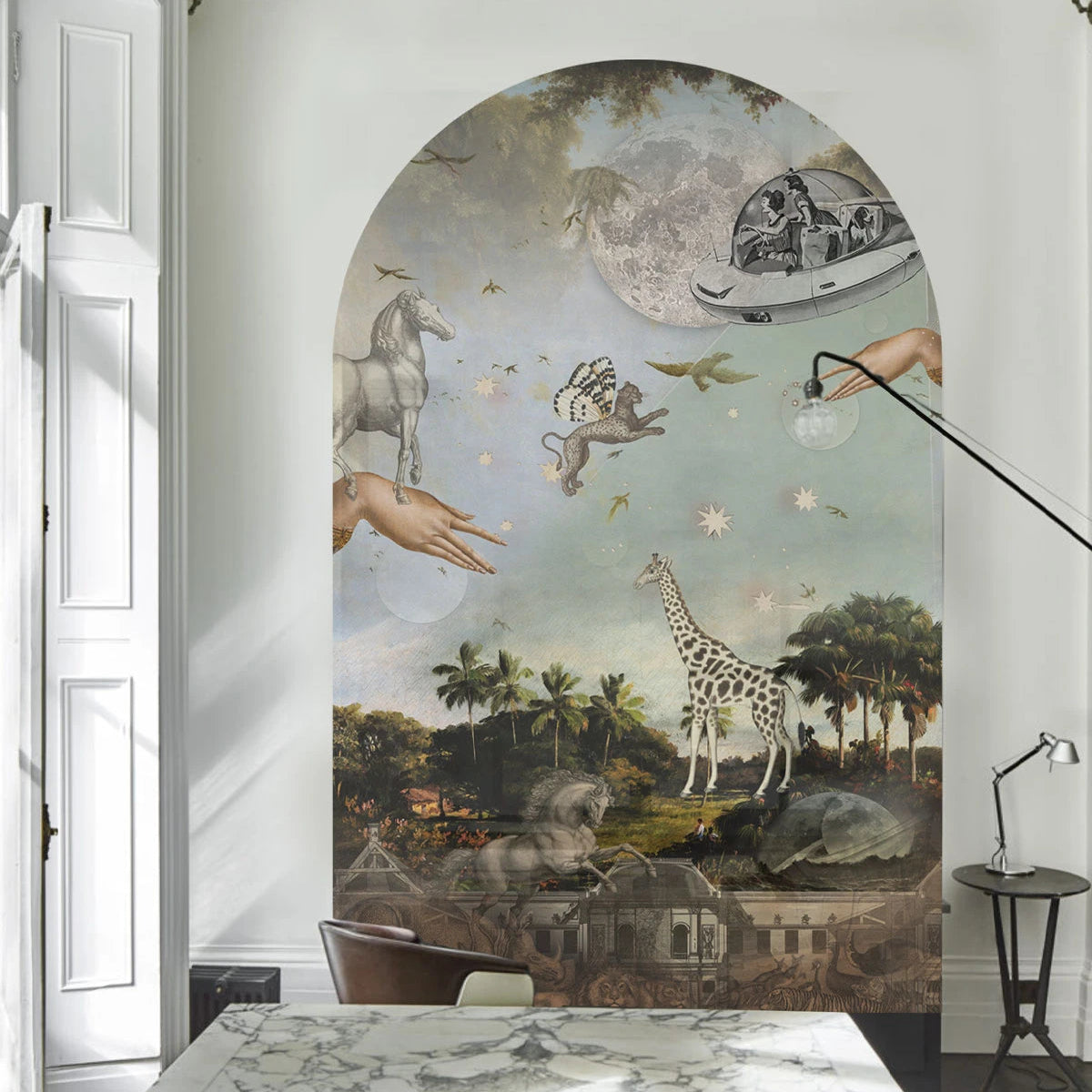 Non-woven arch-shaped mural STARDUST SAFARI dark green with blue