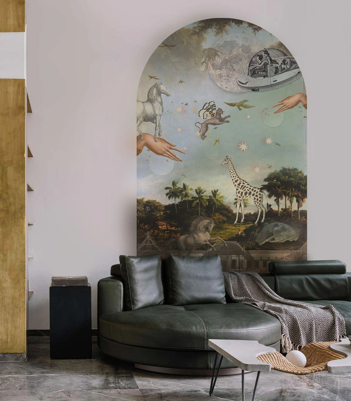 Non-woven arch-shaped mural STARDUST SAFARI dark green with blue