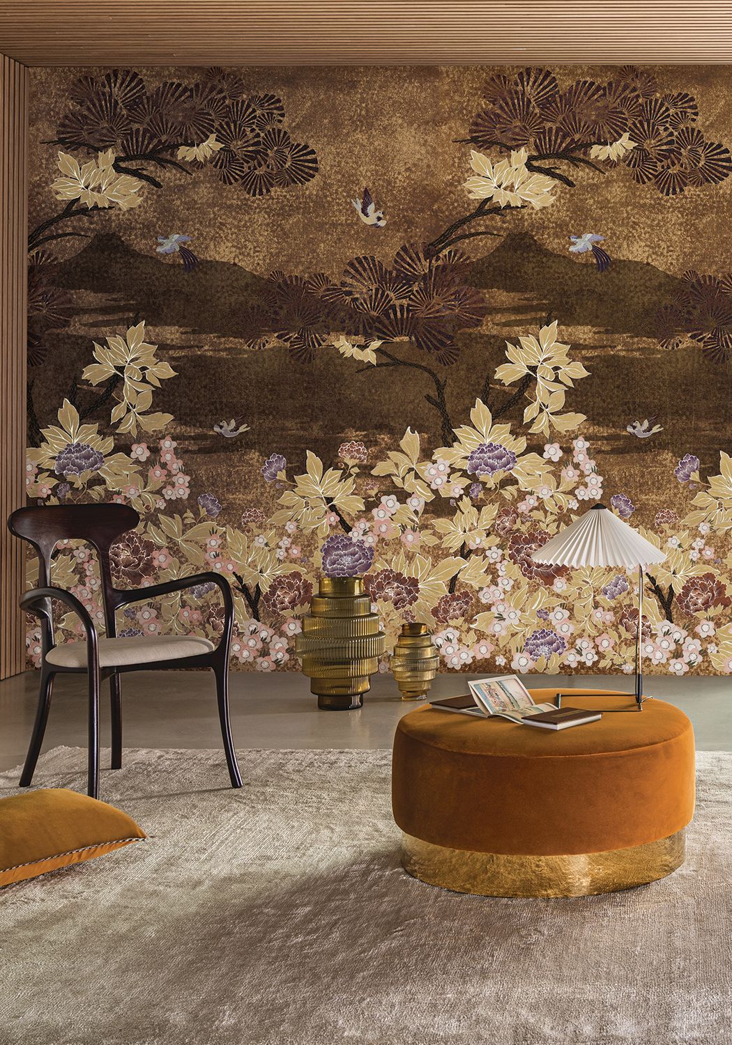 Mural with a plant motif of KANSAI leaves - BRONZE/GOLD brown with gold