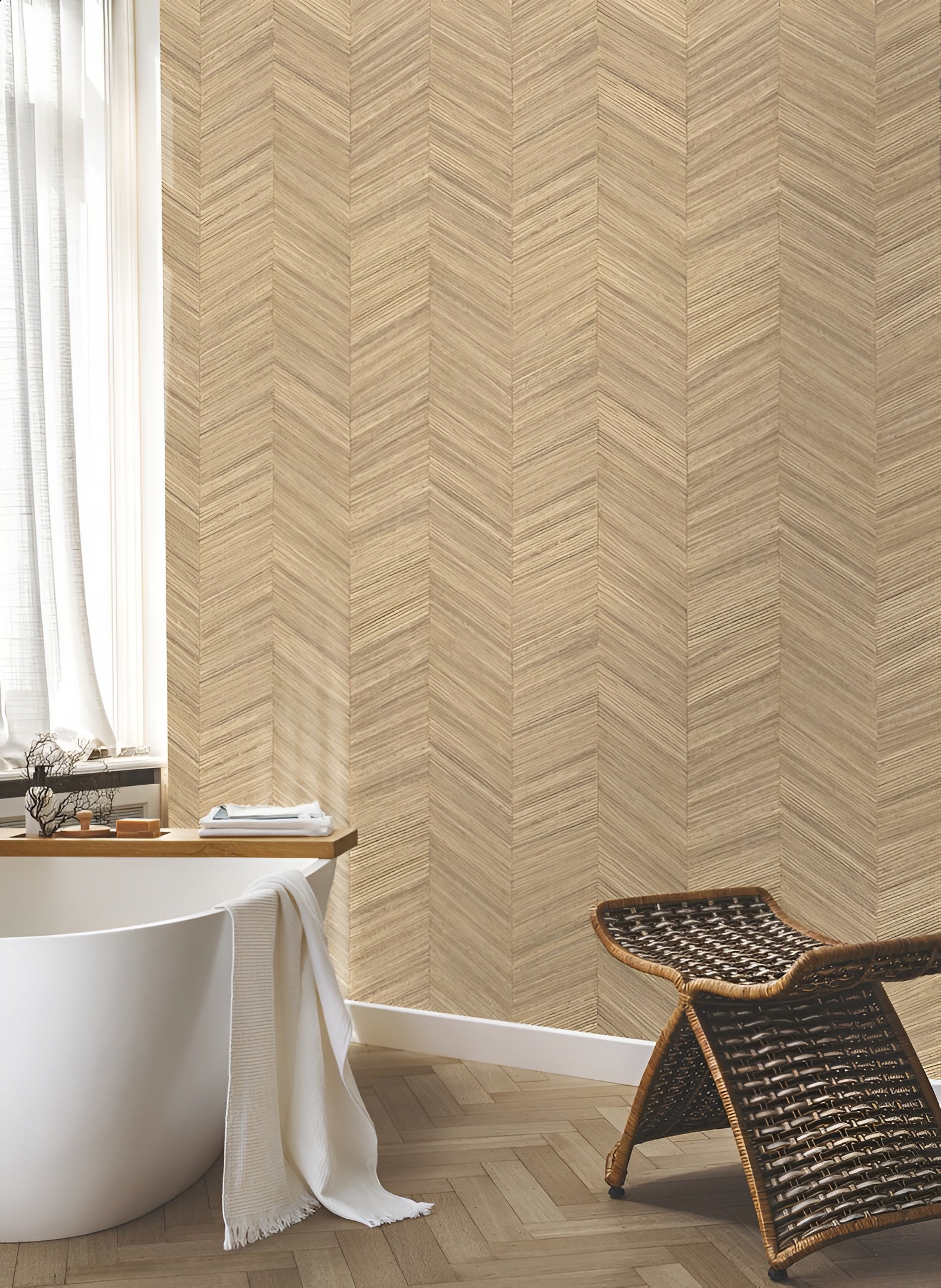 Geometric structural wallpaper mimicking wood with herringbone pattern OCOTEA - PEARL pearly beige