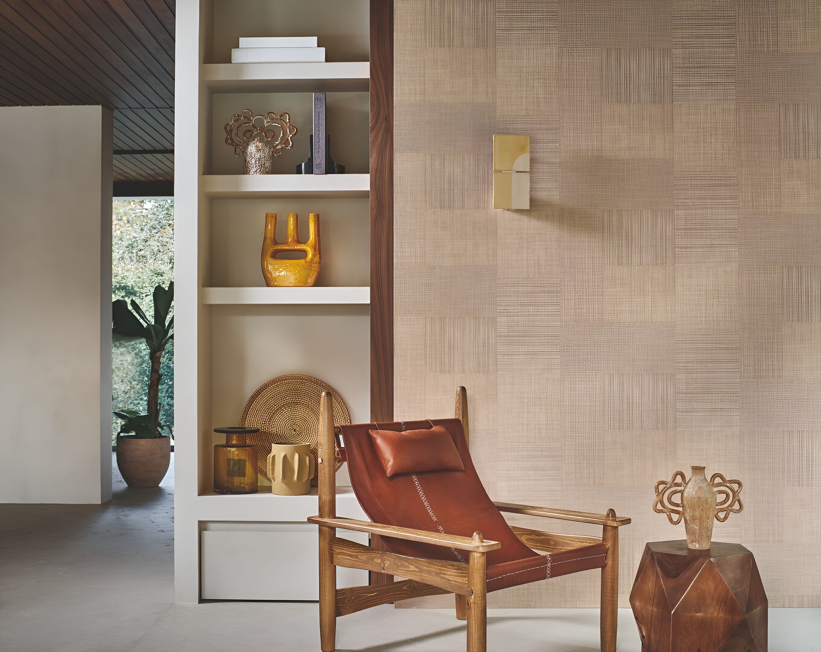 Geometrische patchworkstructuurtapijt die stof imiteert MESTIZO - AMANDE DOUCE olijfkleurig