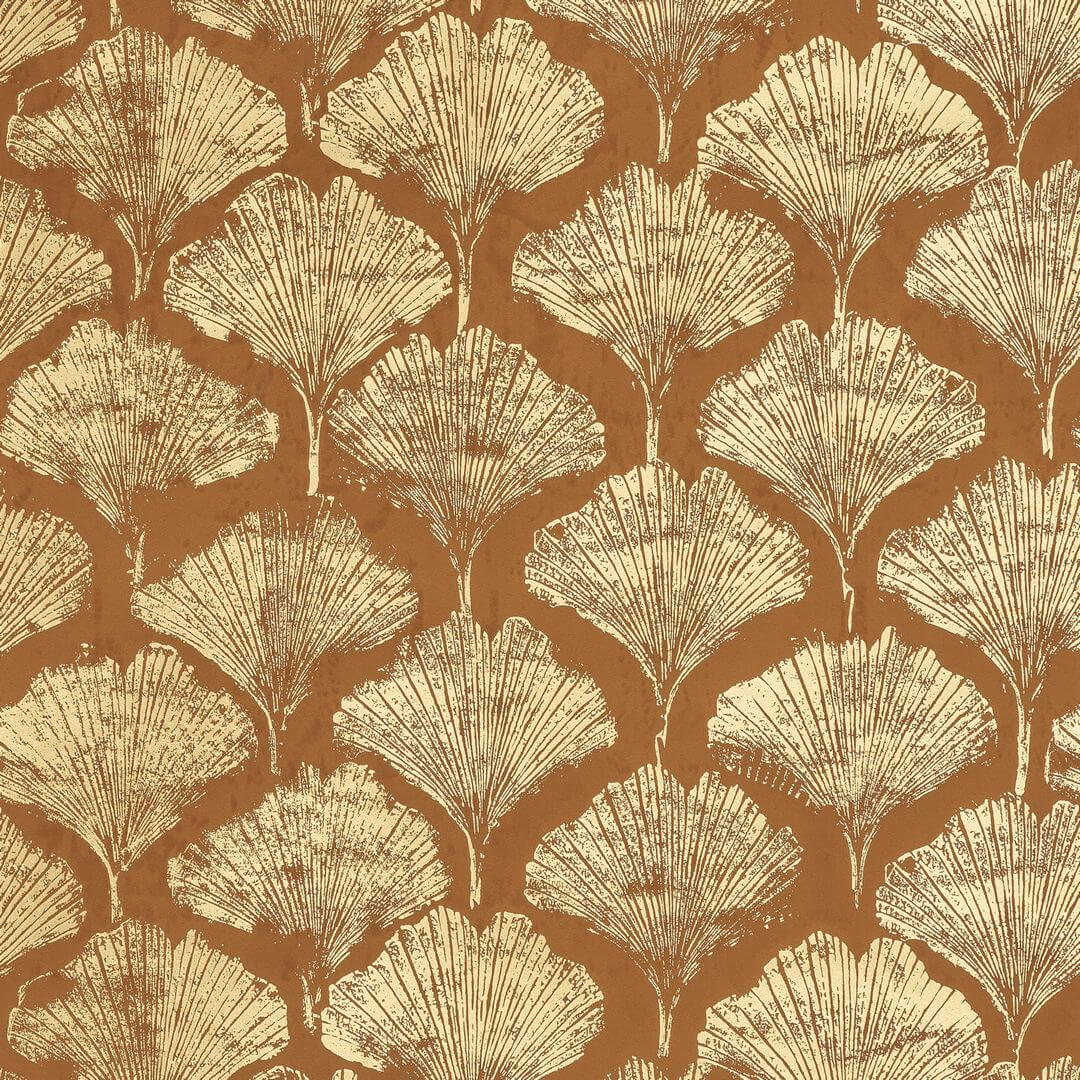 Metallic textile wallpaper with a tree plant motif YINKUO - AMBRE brown with gold