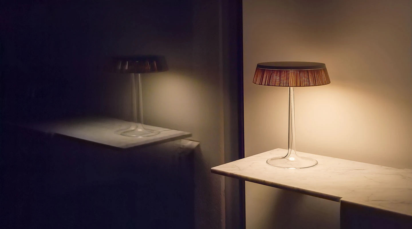 Tafellamp BON JOUR koper met rieten kap