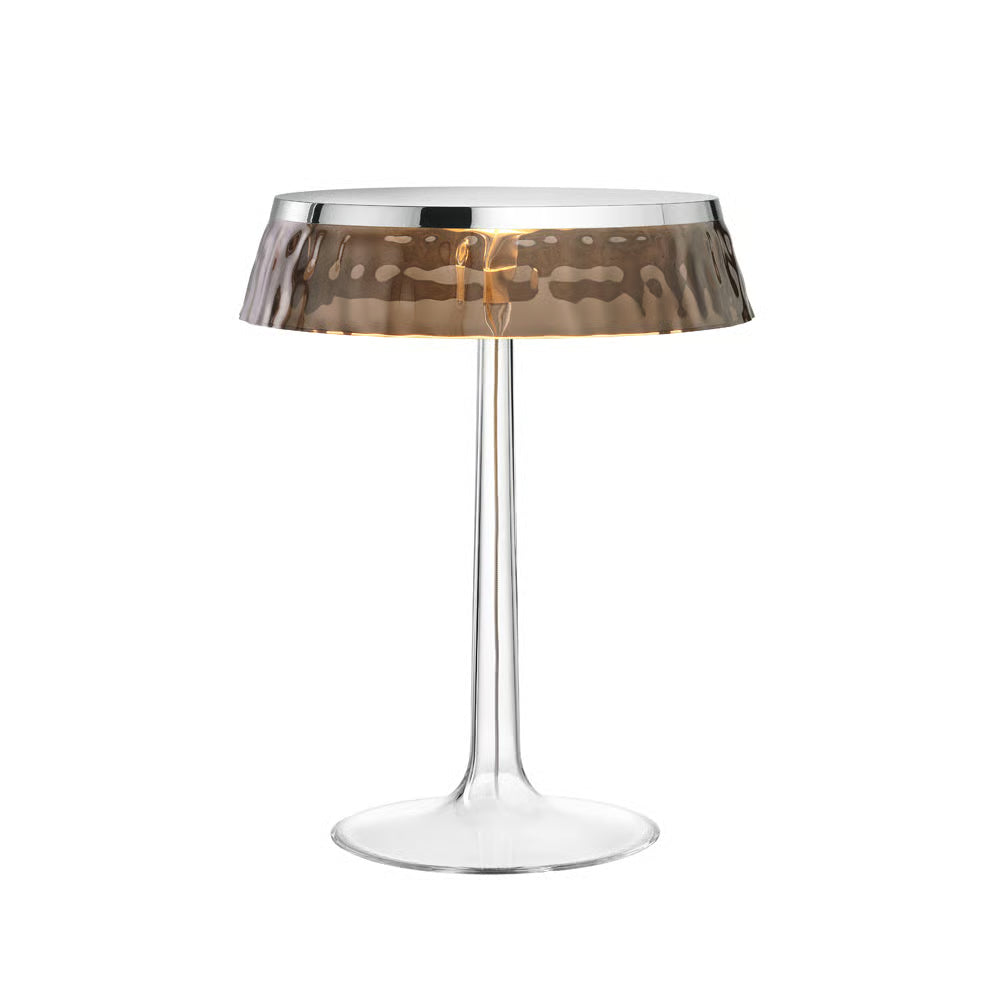 Lampa stołowa BON JOUR matowy chrom z dymionym abażurem – Flos