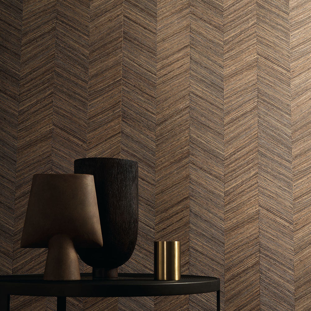 Geometric structural wallpaper imitating wood with a herringbone pattern OCOTEA - DARK BROWN EBENE