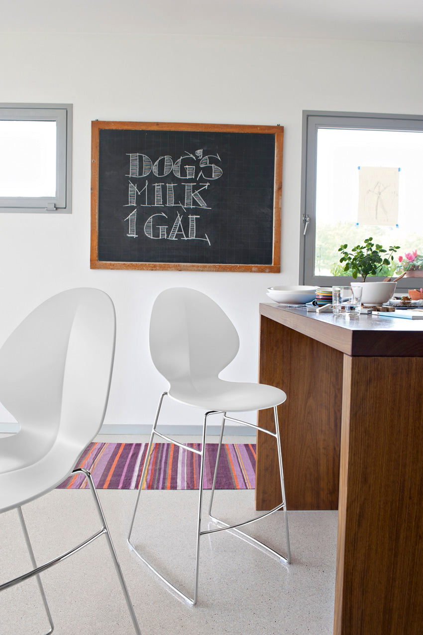 BASIL bar stool with blue seat and chrome metal base