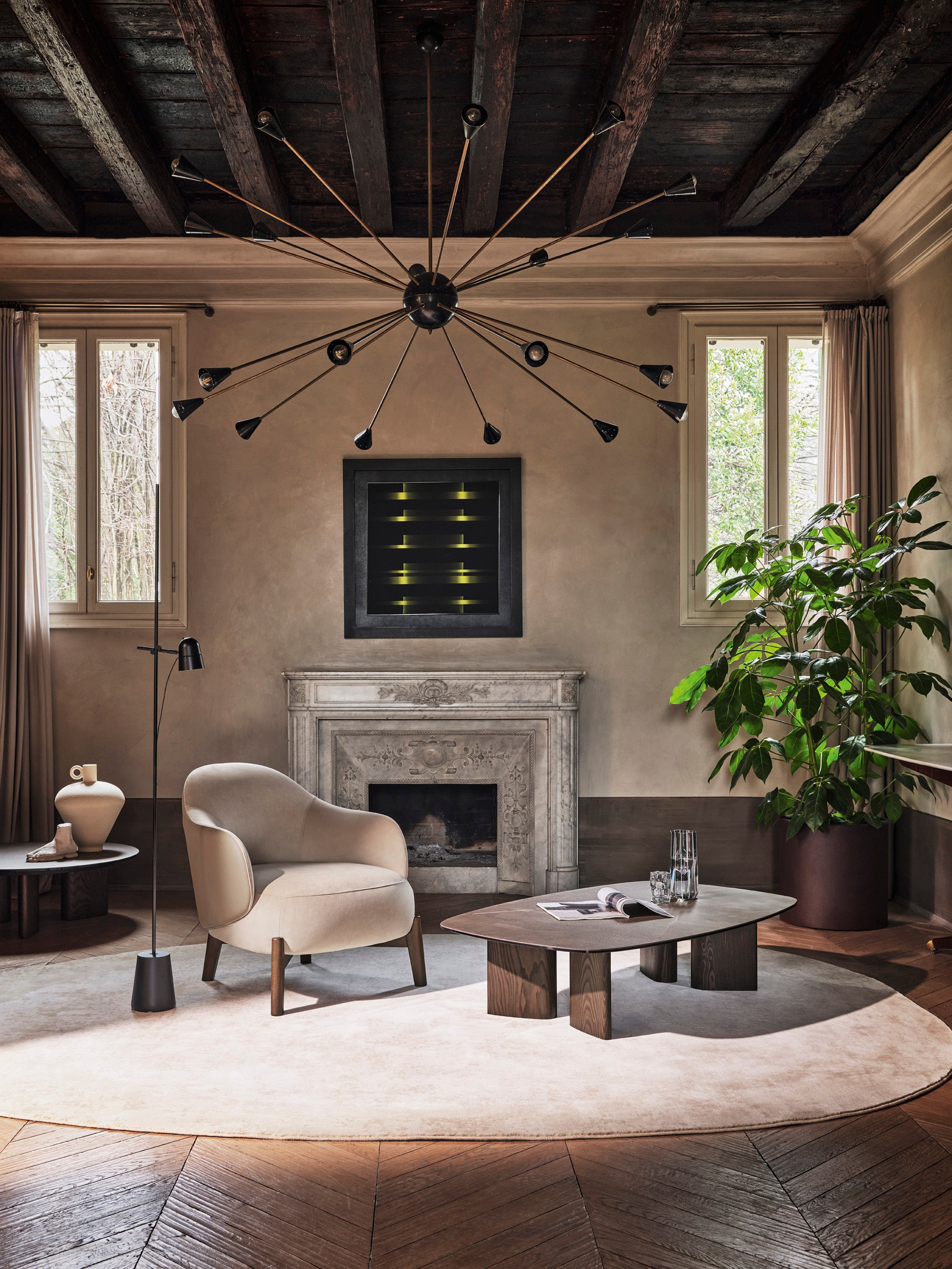 Round Coffee Table SANDY Brown Ceramic with Dark Wooden Base