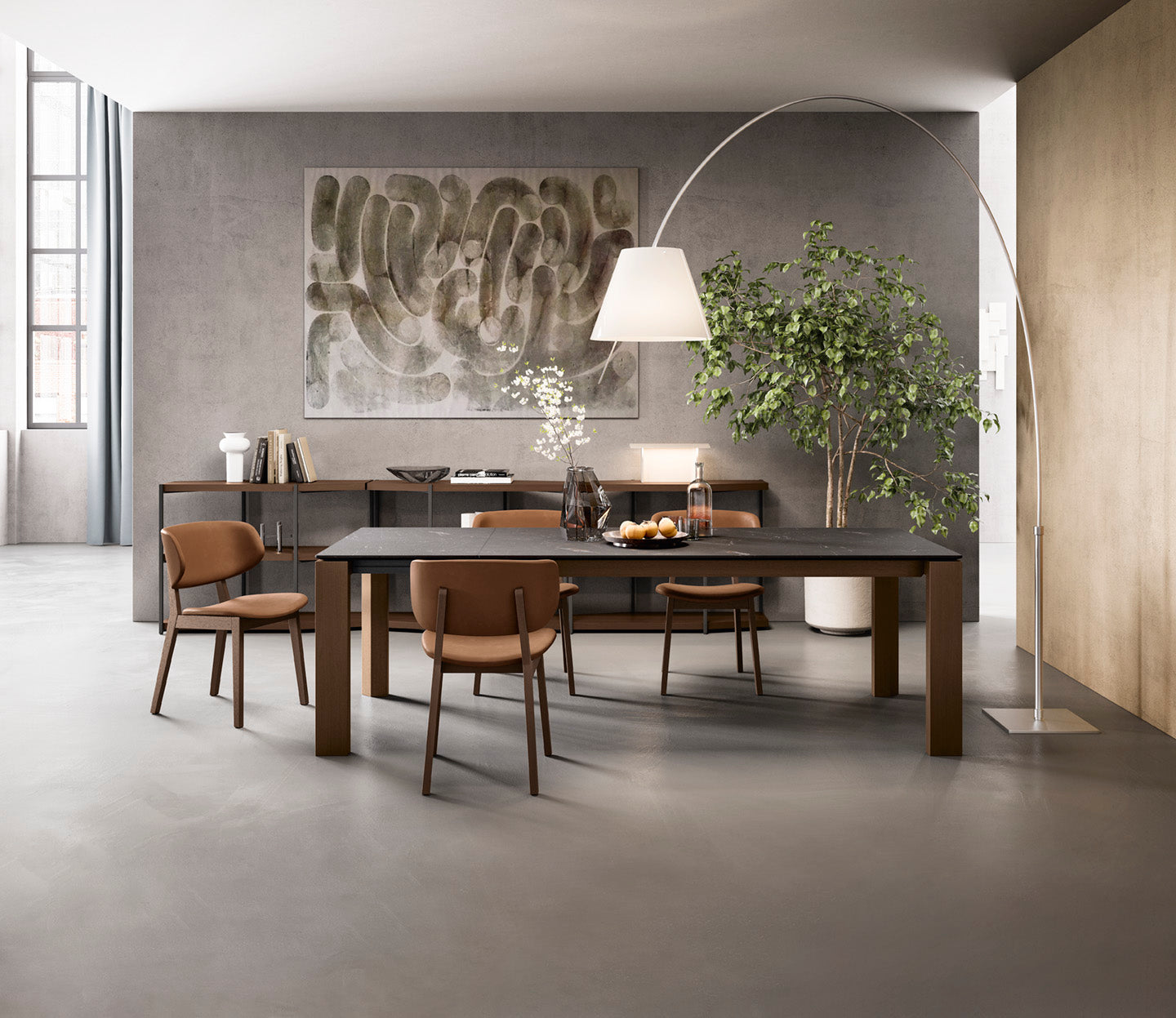 Extendable table OMNIA with a brown top and walnut base