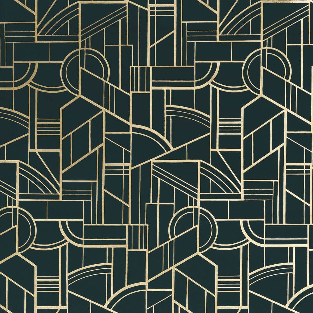 Textielbehang met geometrisch art deco motief REIMS - NOIR DE LUNE zwart met goud