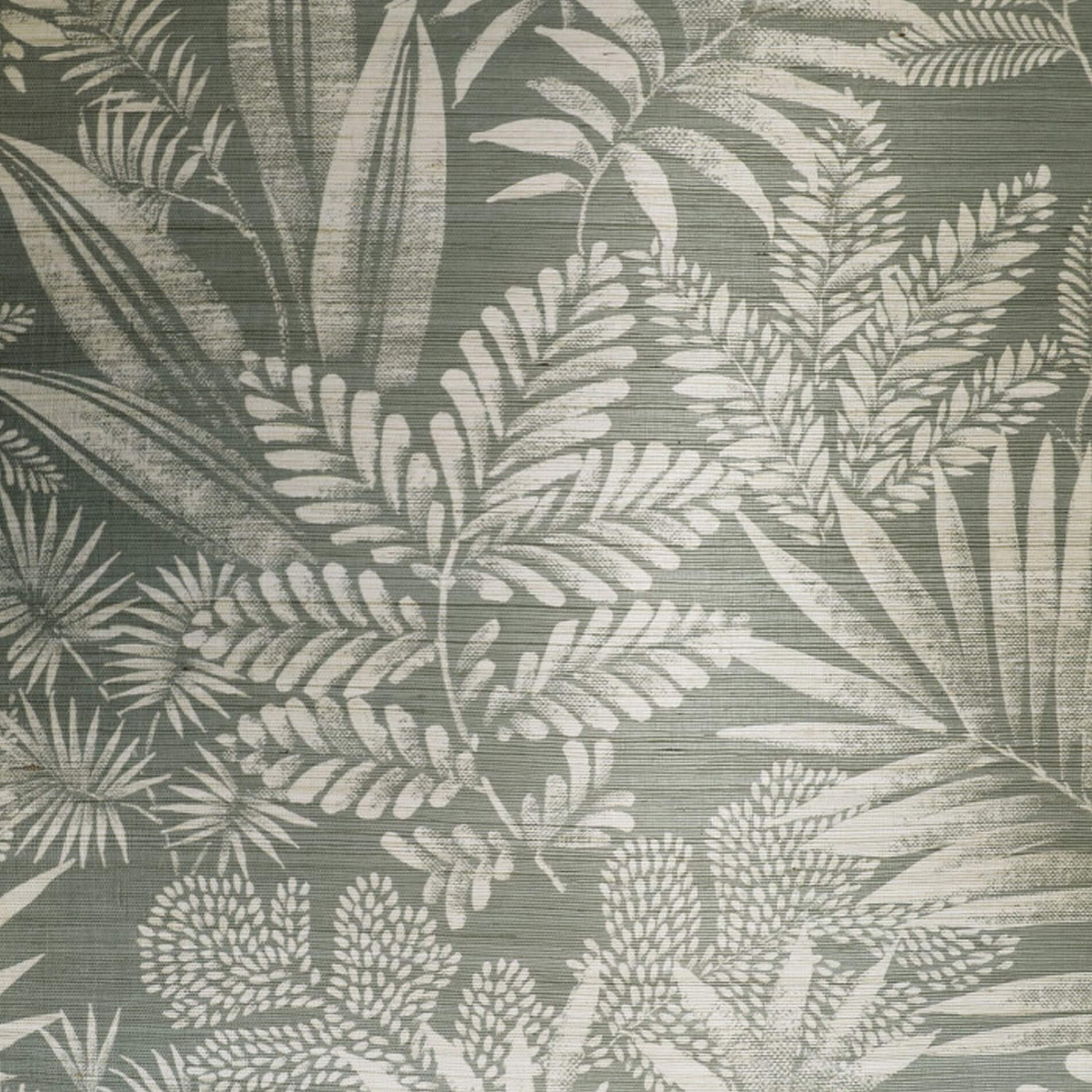 Structuurtapijt van sisal met een plantmotief van bladeren MANDRARE - BLEU GRISE grijs met wit