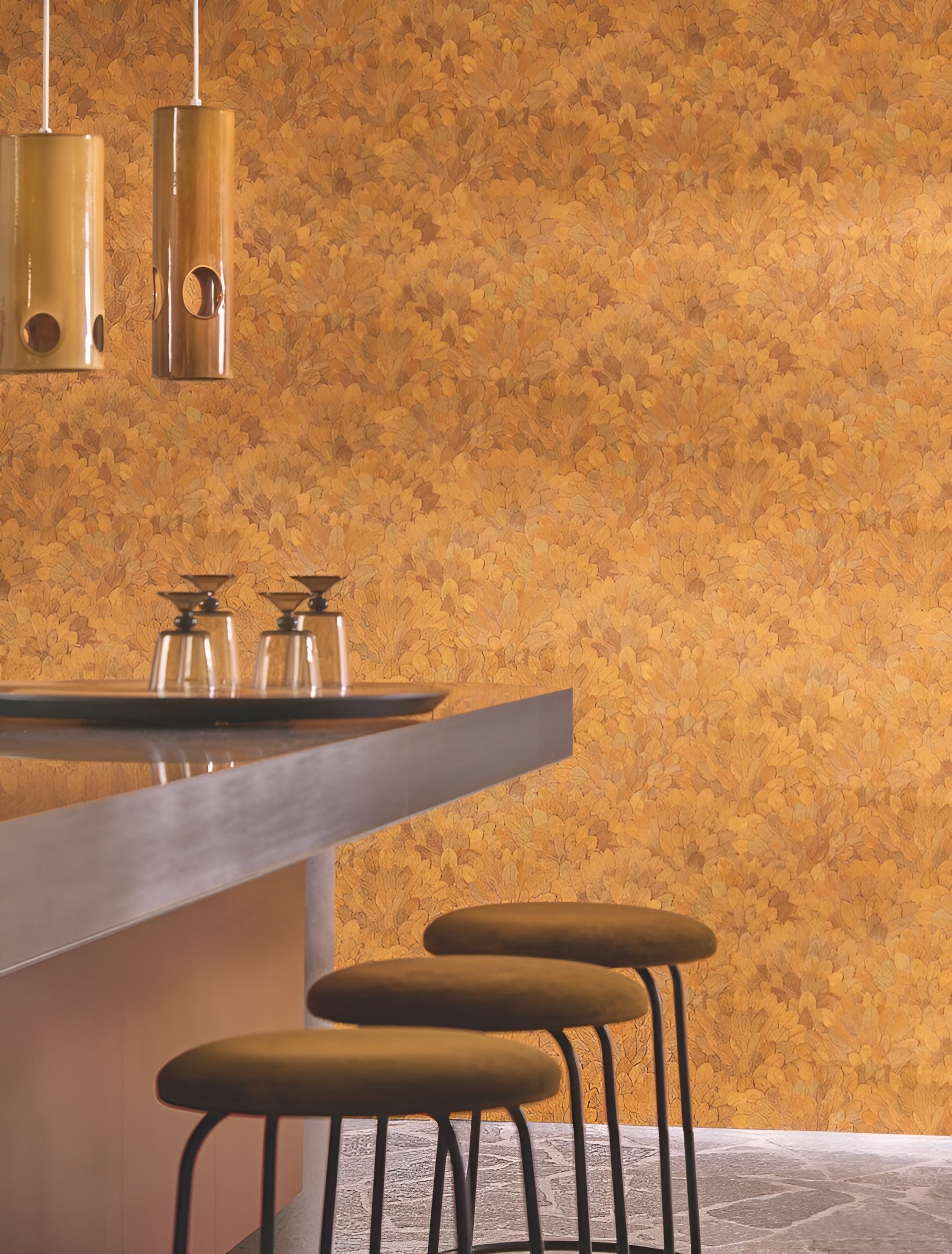 Structural wallpaper with a plant motif of guava leaves FEIJOA - Beige TRAVERTINE