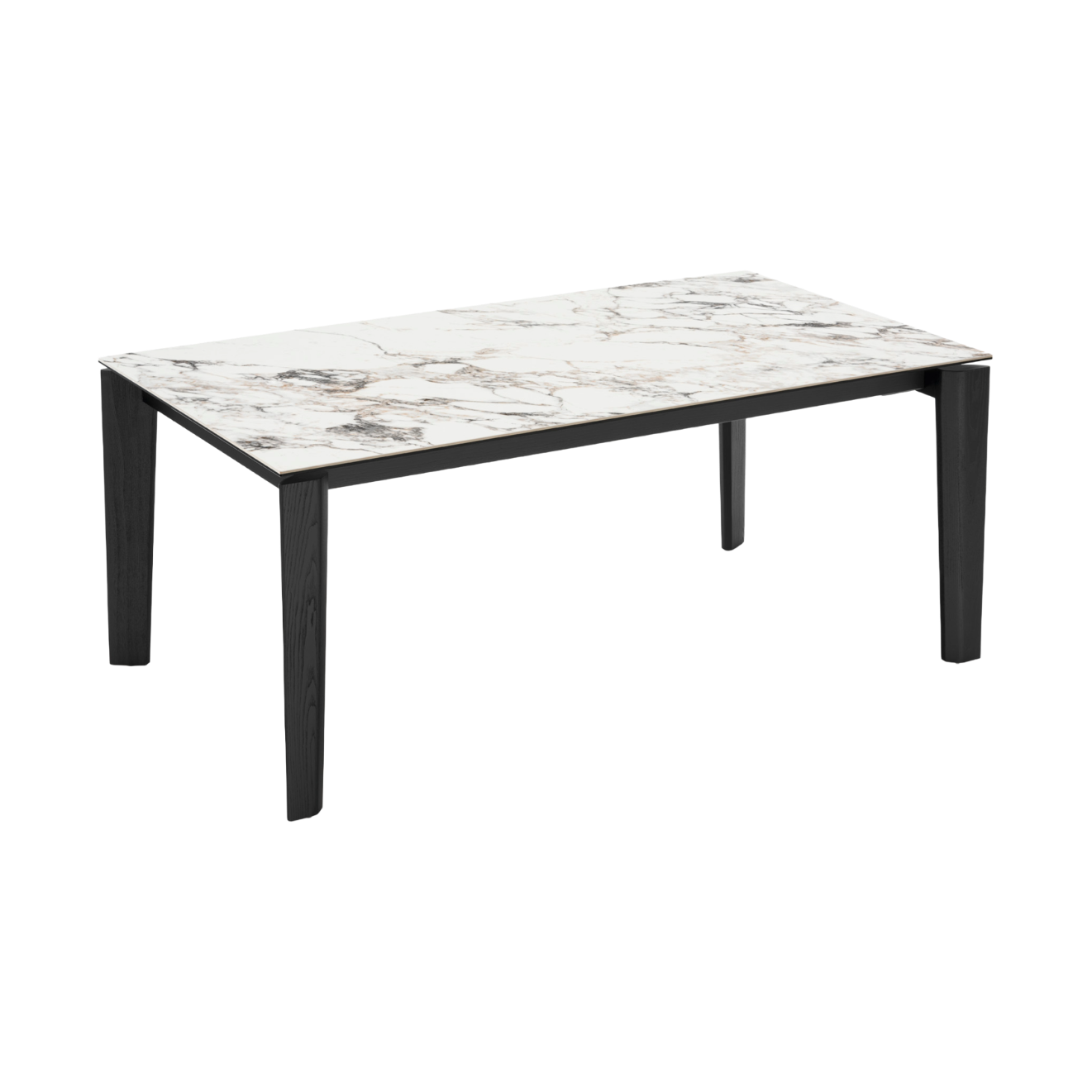 Uitschuifbare tafel DOGMA met een wit blad en een zwarte houten basis