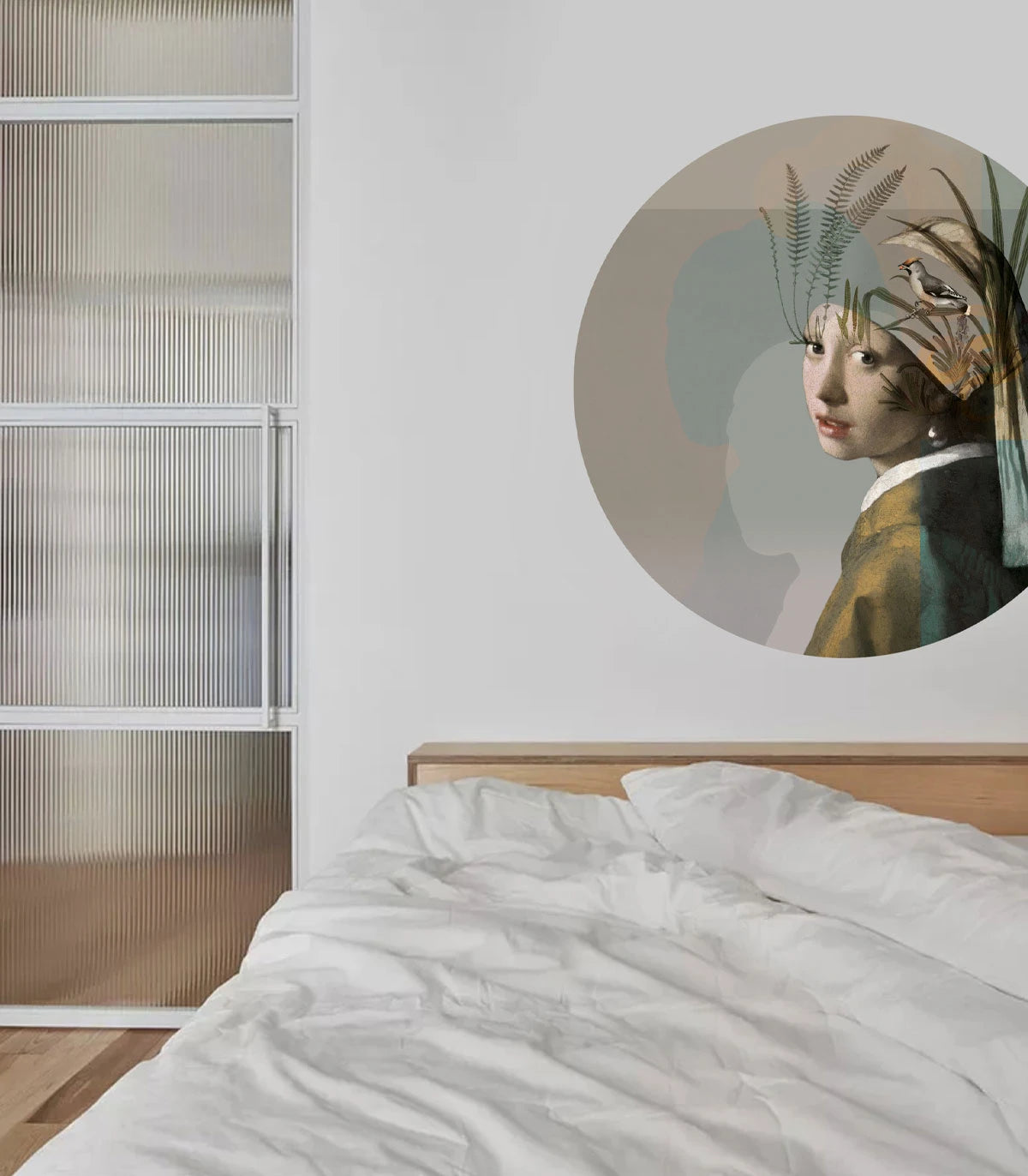 Muurschildering in de vorm van een cirkel DOTS - NATUURMEISJE MET DE PAREL beige met groen