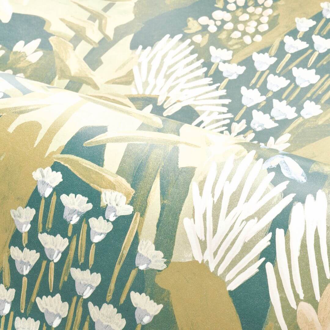 Behang met plantmotief van bladeren en bloemen ERICA - SALIE/LILA grijsgroen