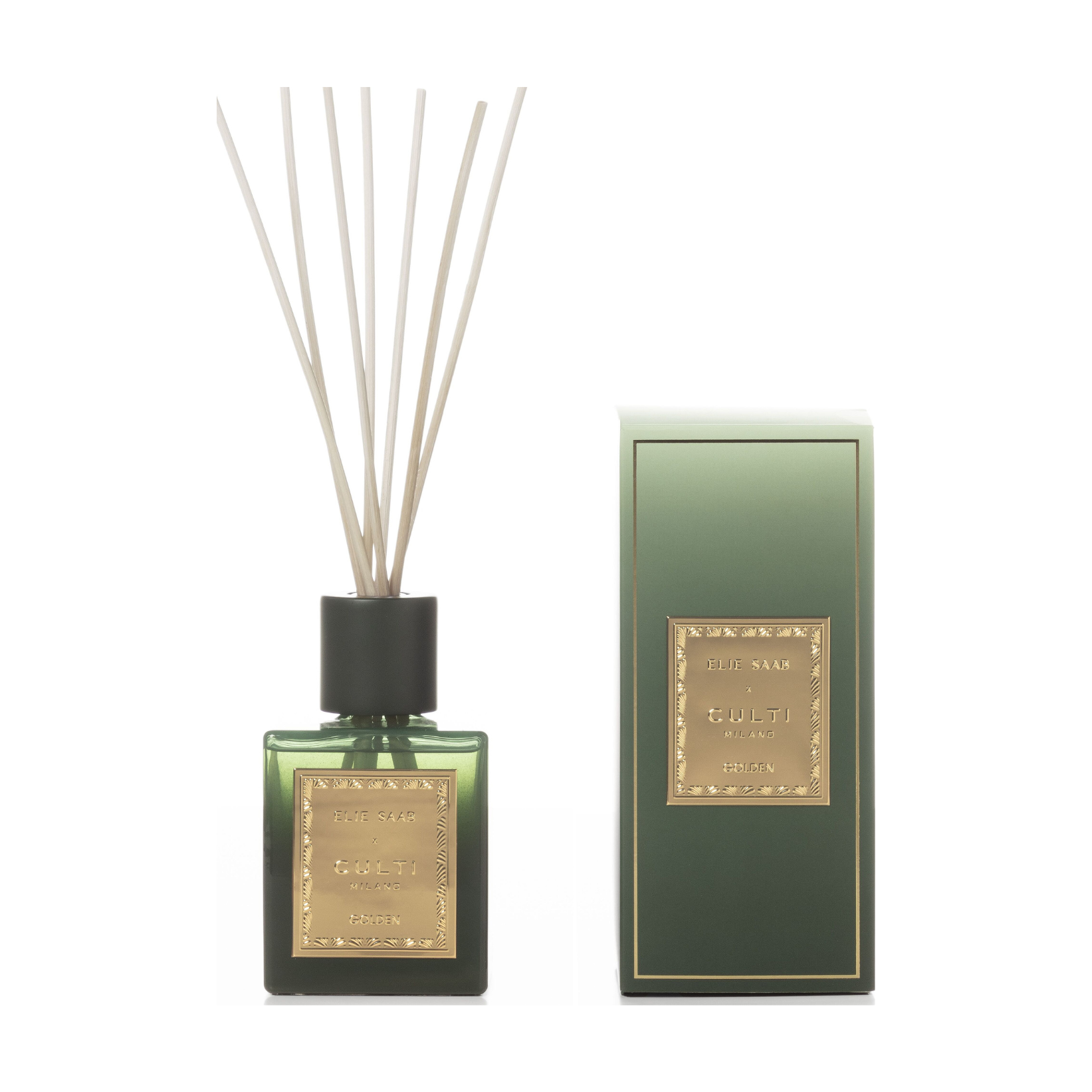 Gouden geur diffuser met tonen van bittere sinaasappel, mandarijn, gember, sinaasappelbloesem en cederhout.