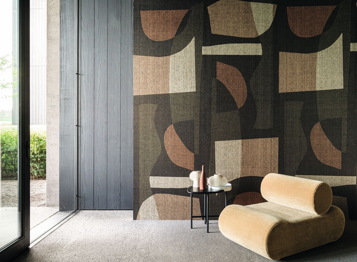 Textile mural with geometric pattern CONCORDANCE black with khaki