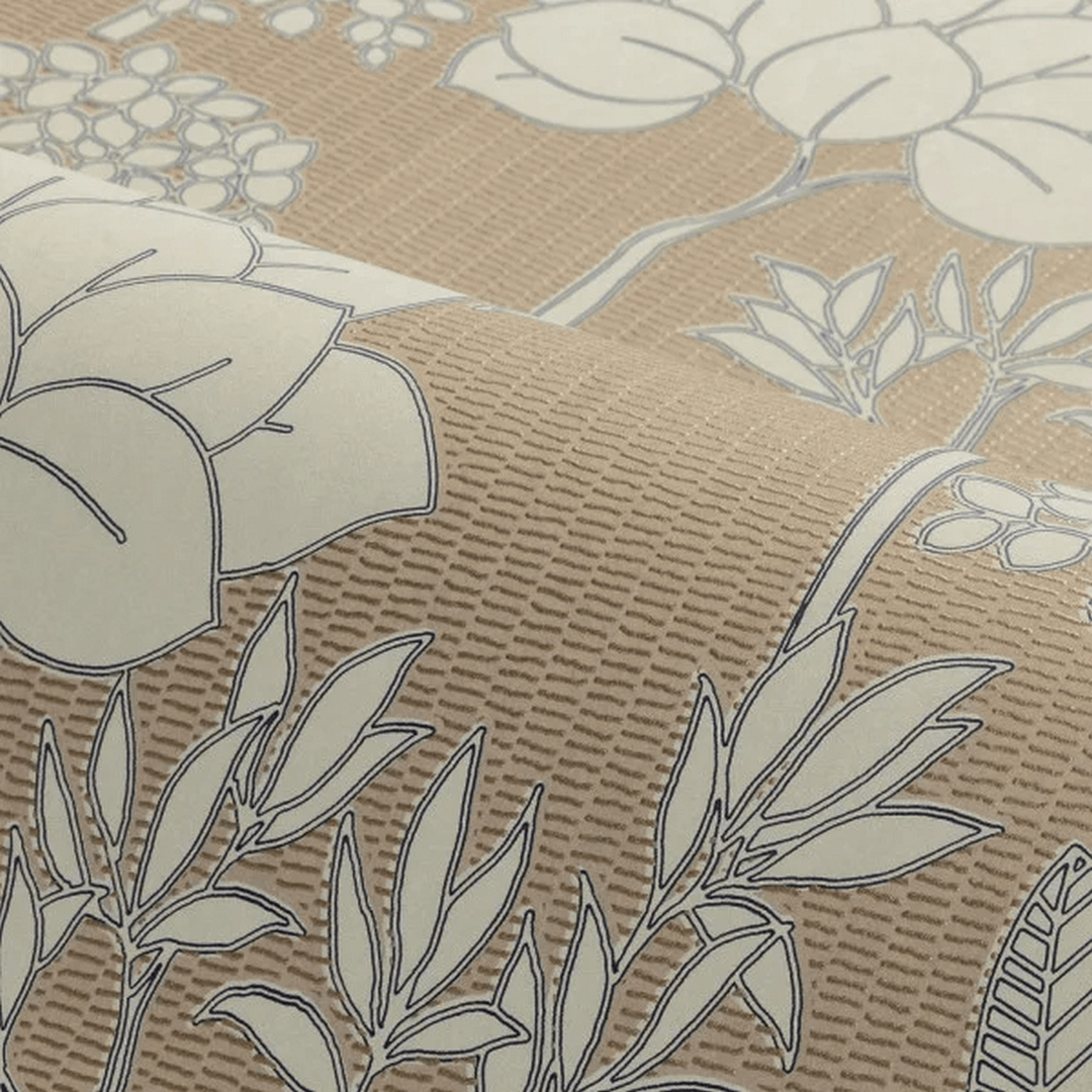 Structural wallpaper with a floral pattern of leaves and flowers INARA - BEIGE/DORÉ dark beige