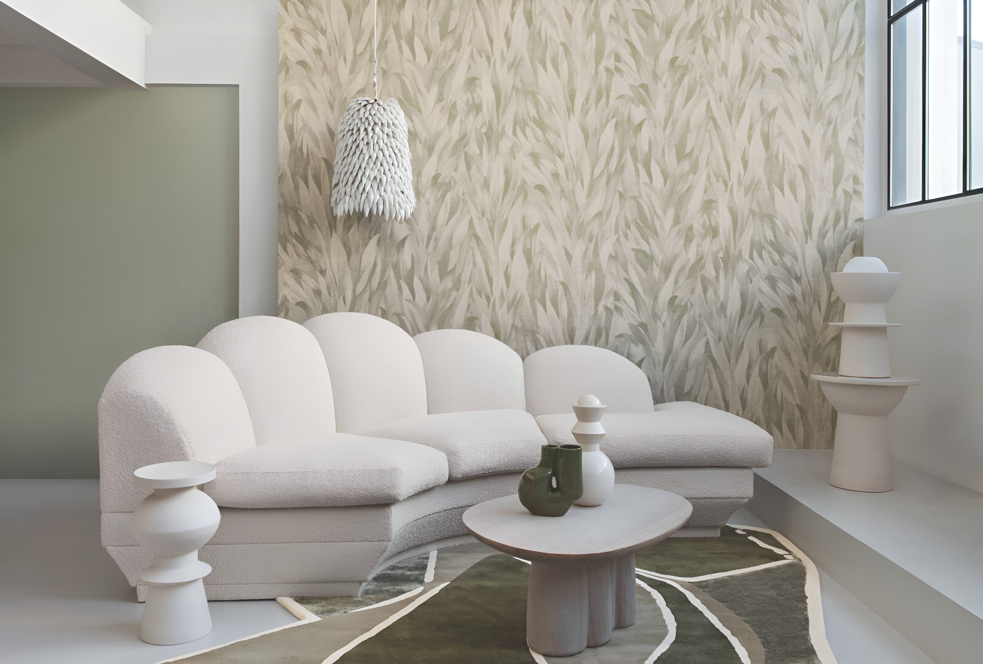 Textile wallpaper with a plant leaf pattern NOLINE - VERT DE GRIS gray with green