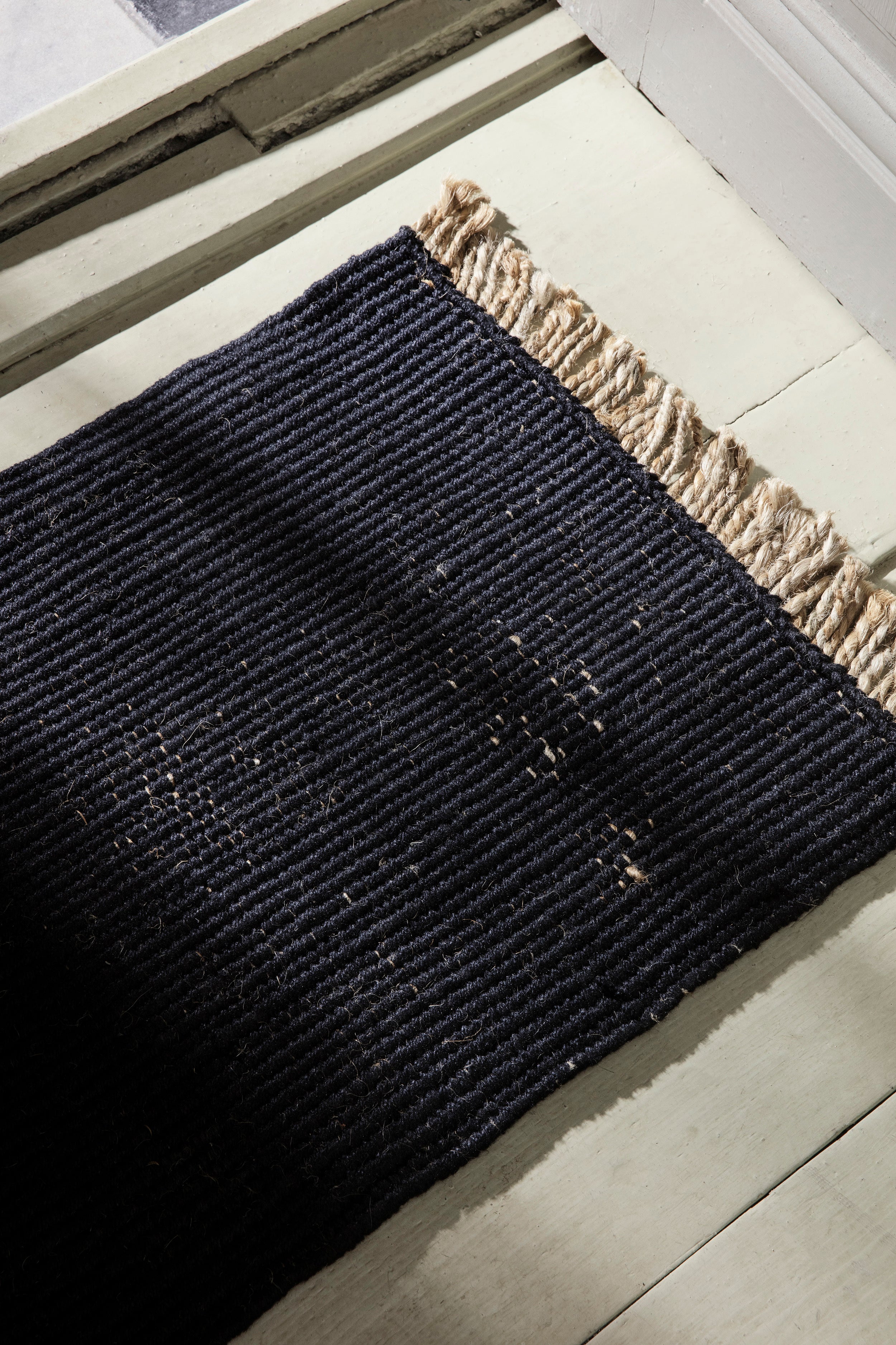 Loper BLOCK RUNNER zwart met beige franjes