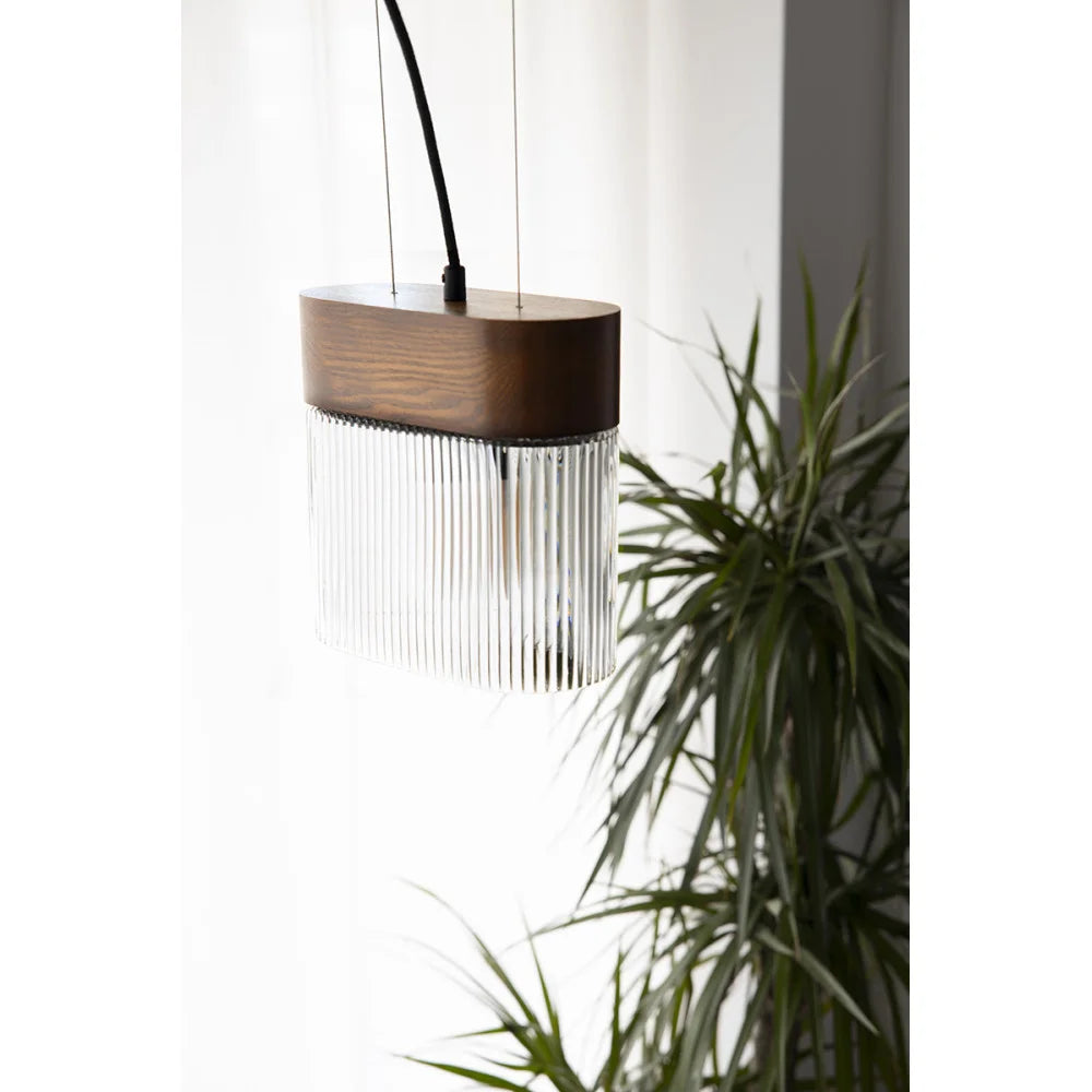 FLUMINA pendant lamp with ribbed glass and ash wood