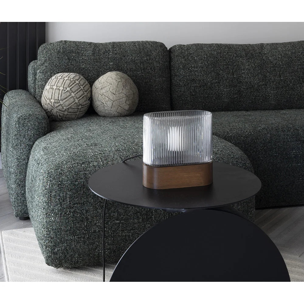 FLUMINA Tischleuchte, geriffeltes Glas und schwarzes Eschenholz