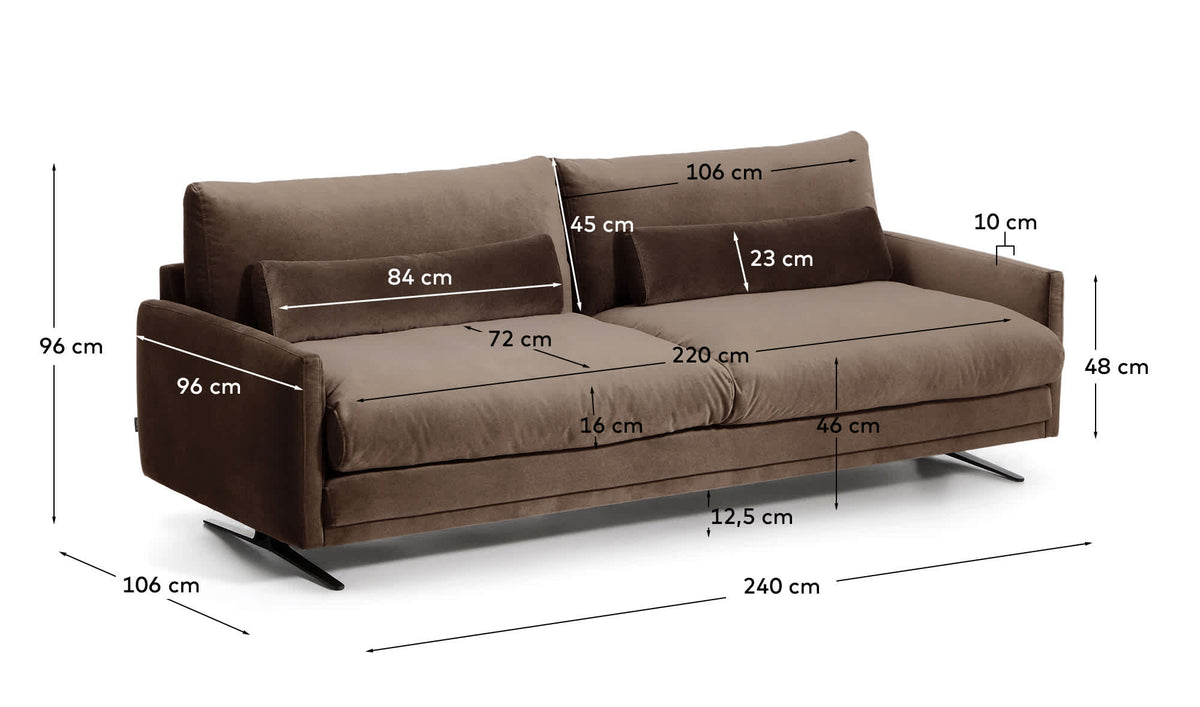 Sofa 4-osobowa VELIRO czekoladowy aksamit – wymiary