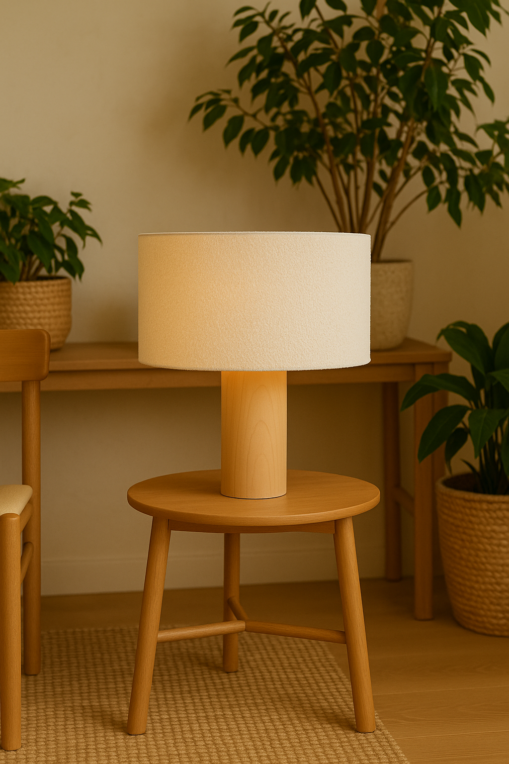 ELYN Tischleuchte, Keramik, Holzoptik, mit Bouclé-Lampenschirm