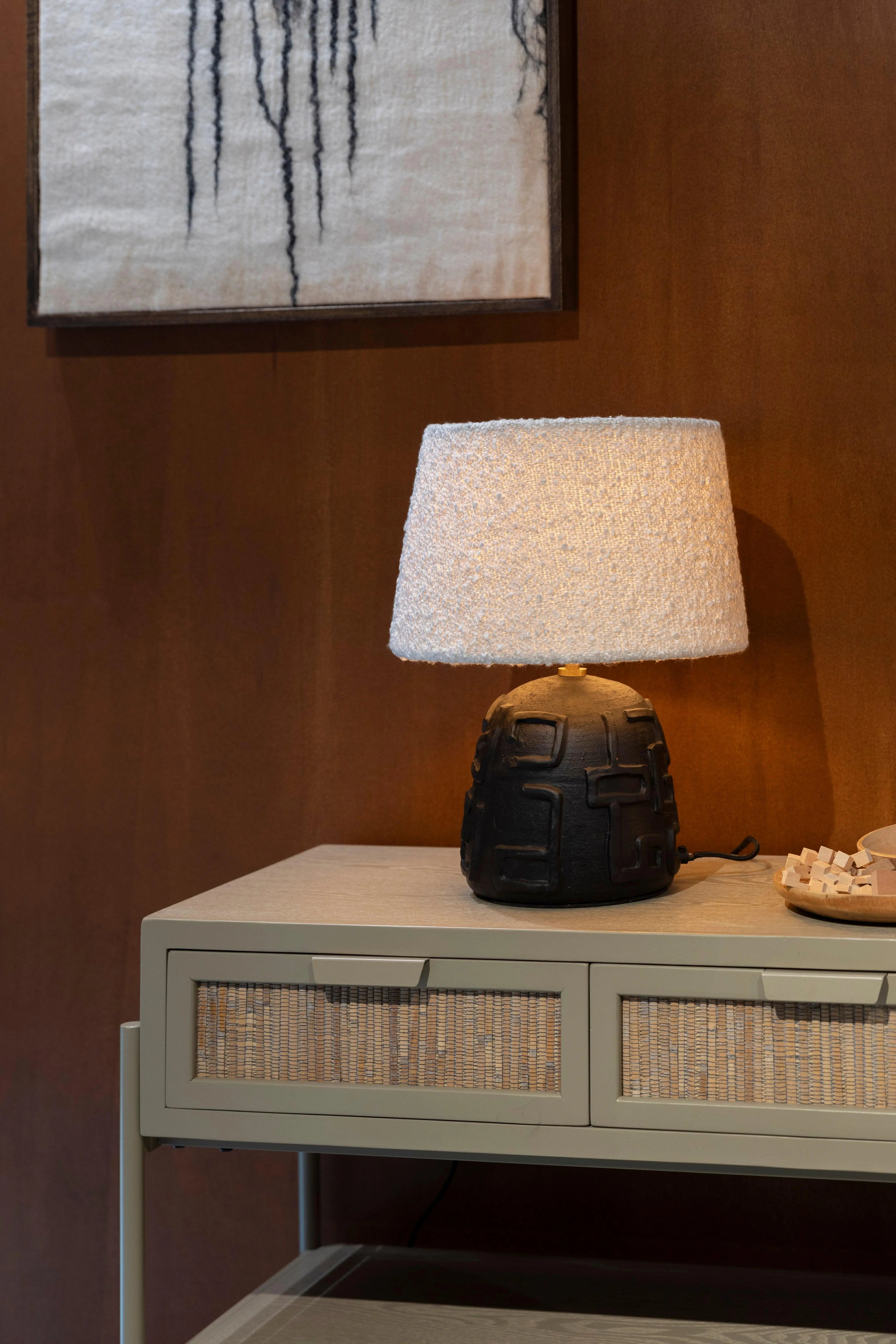 Lampa stołowa RENZO biały boucle – tkanina bouclé