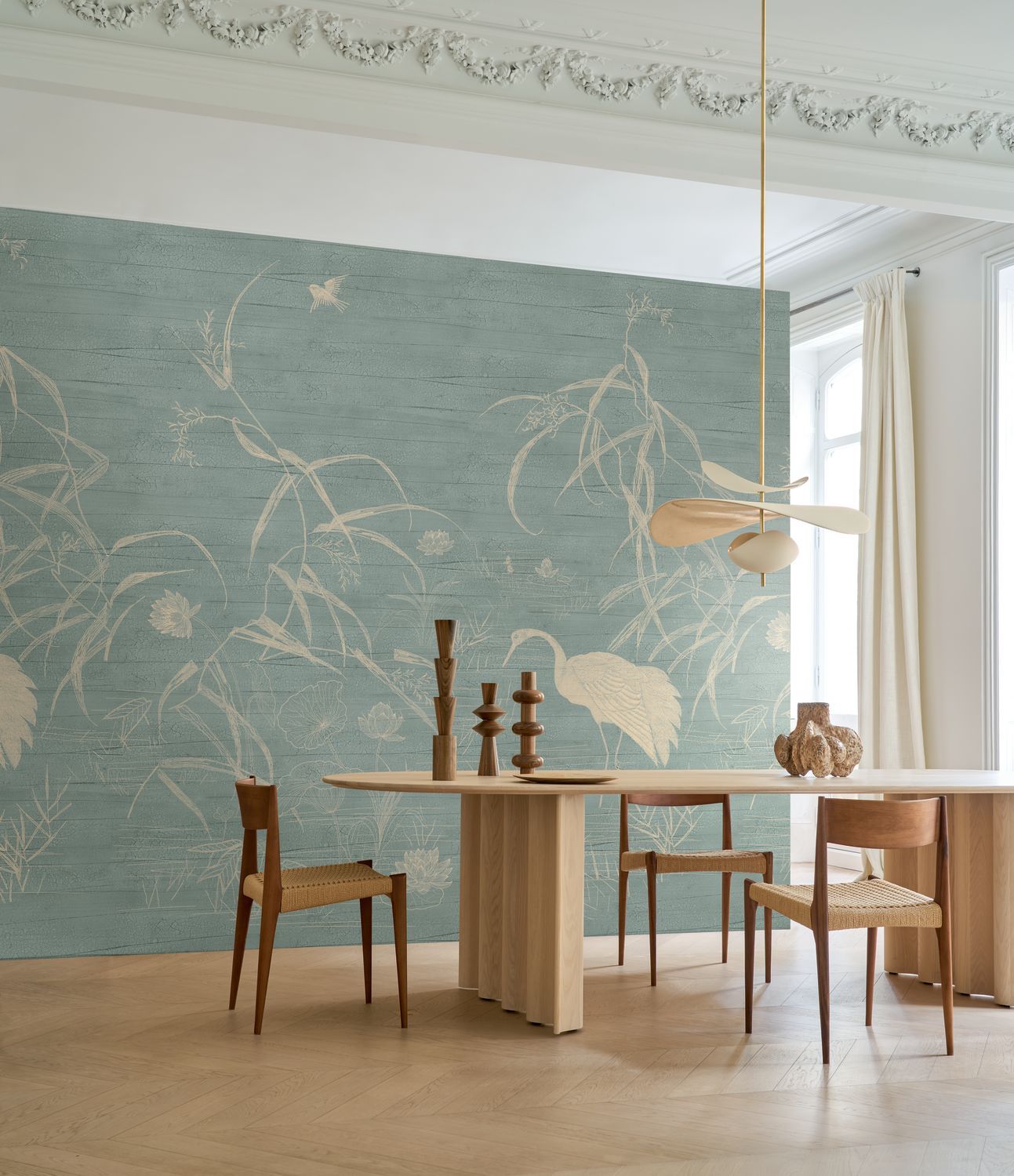 Ivory Mural with Plant and Bird Motif by NUIDO in Beige