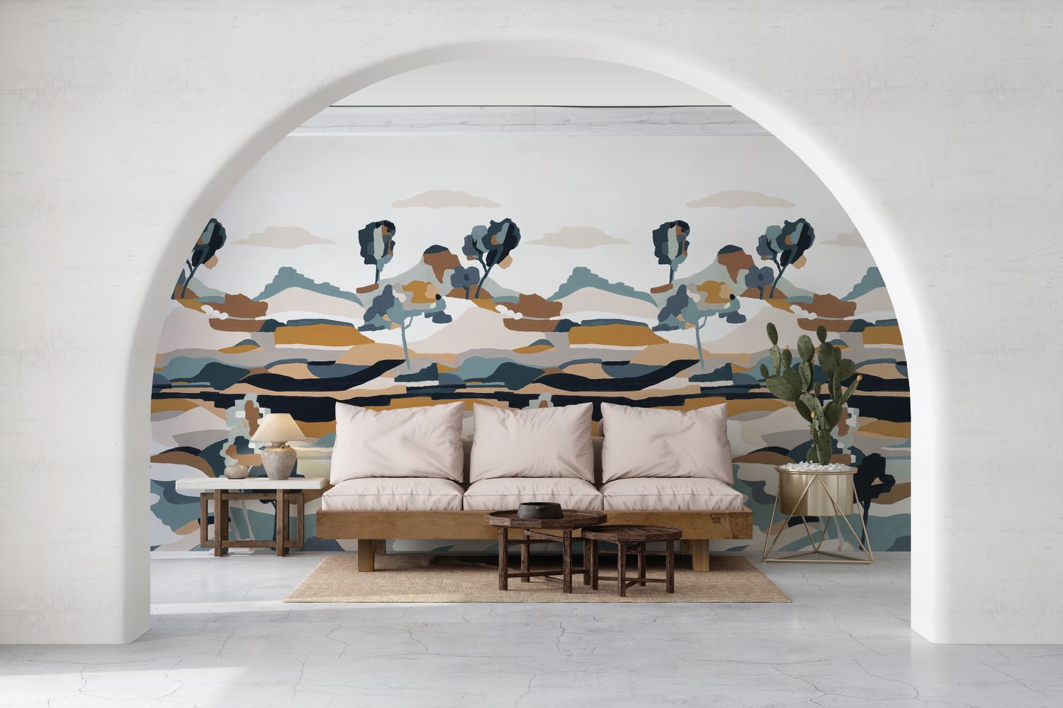 Abstracte muurschildering met landschap LE BASSIN lichtbeige