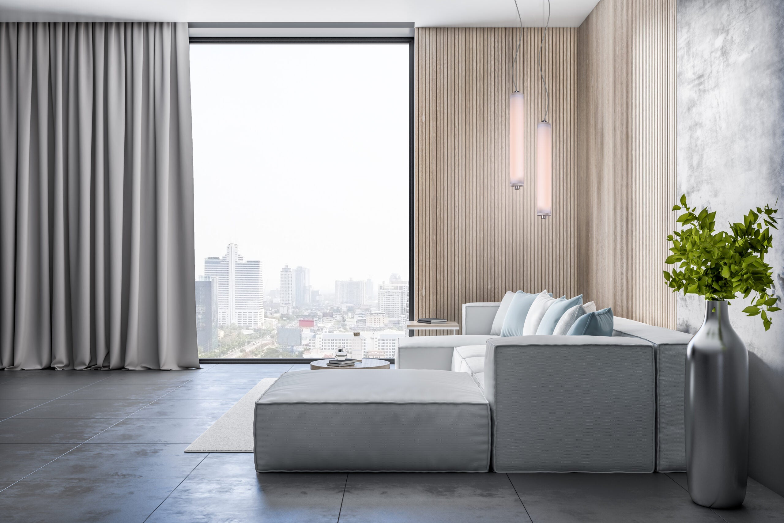 LONGA vertikale Hängelampe, milchiger Schirm mit Betondetail