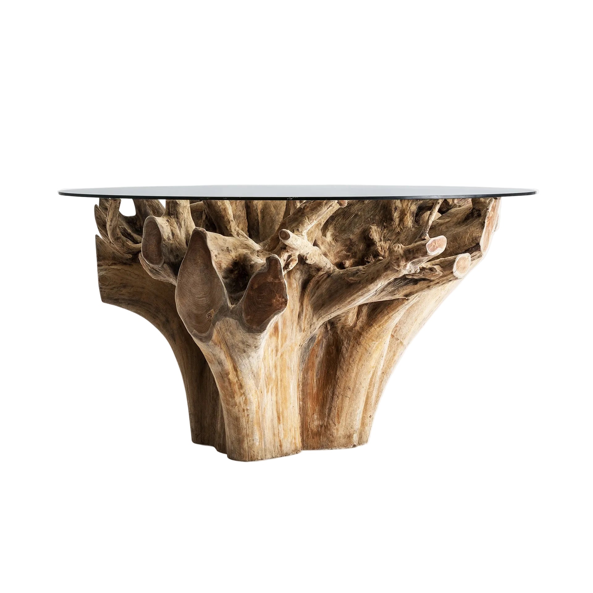 Round Table WARRI Teak Root with Glass Top