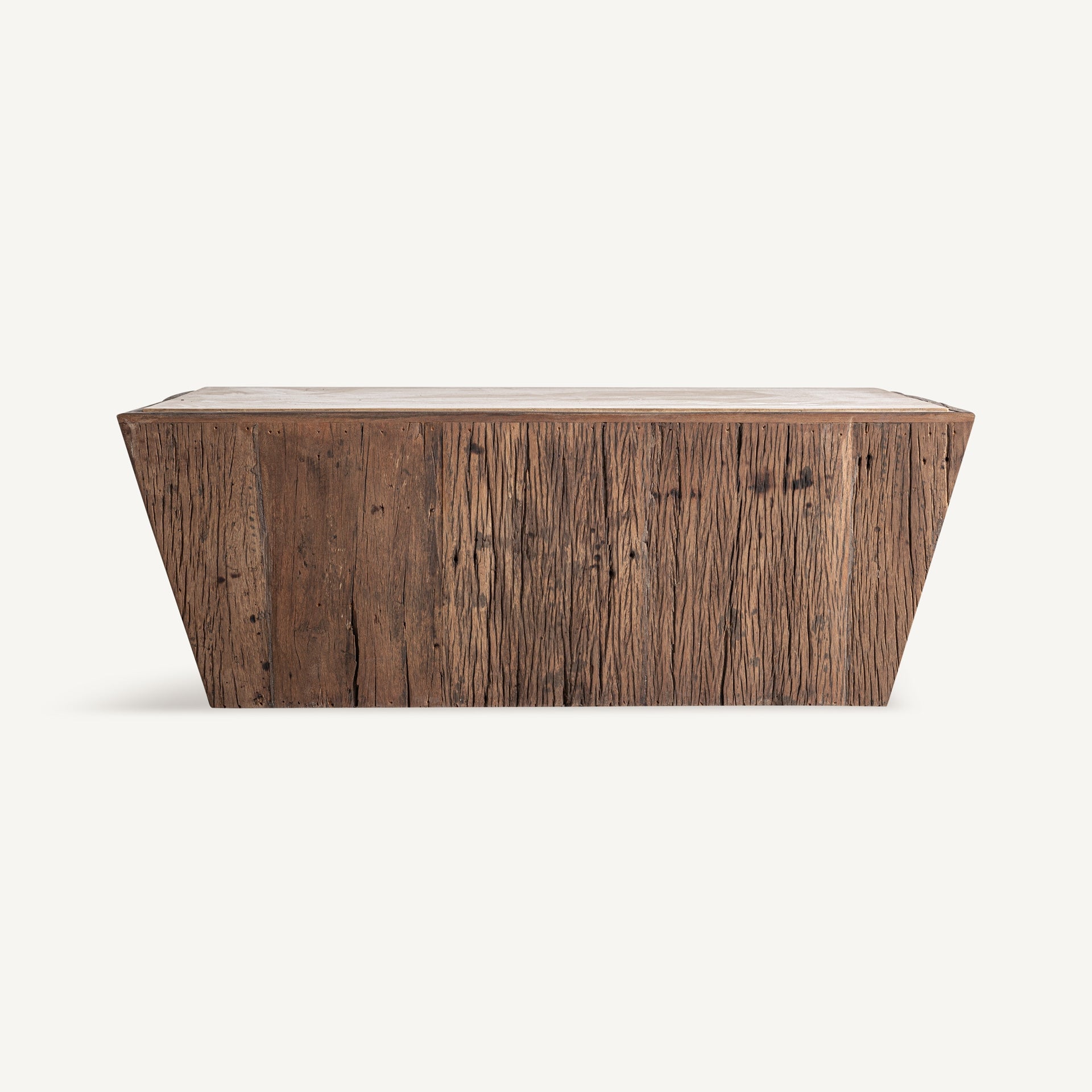 Kaffeetisch MERKEM aus recyceltem Holz mit Travertinplatte